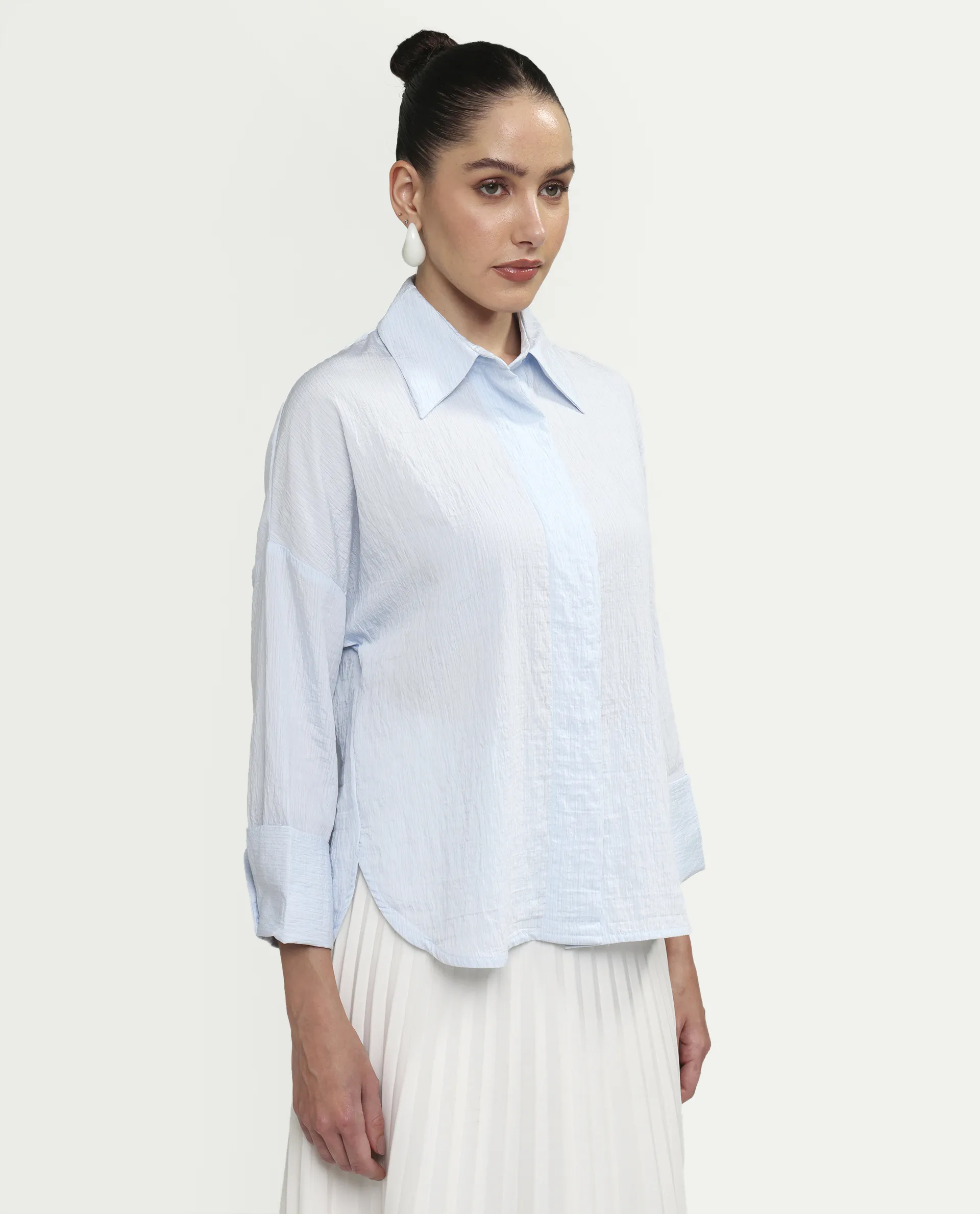 Rareism Women's Davi Light Blue Viscose Blend Full Sleeve Collared Relaxed Plain Shirt - Image 6