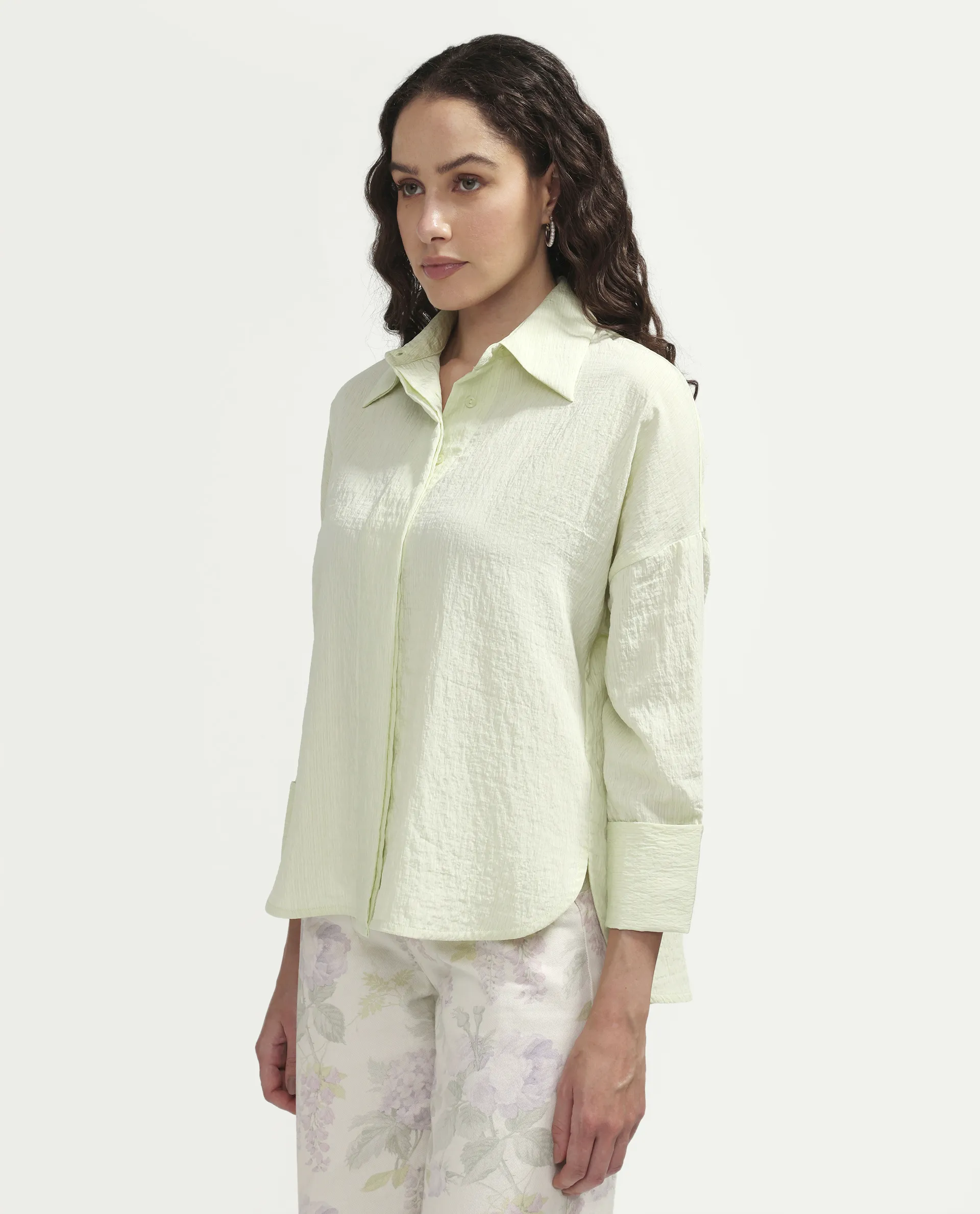 Rareism Women's Davi Light Green Viscose Blend Full Sleeve Collared Relaxed Plain Shirt - Image 6