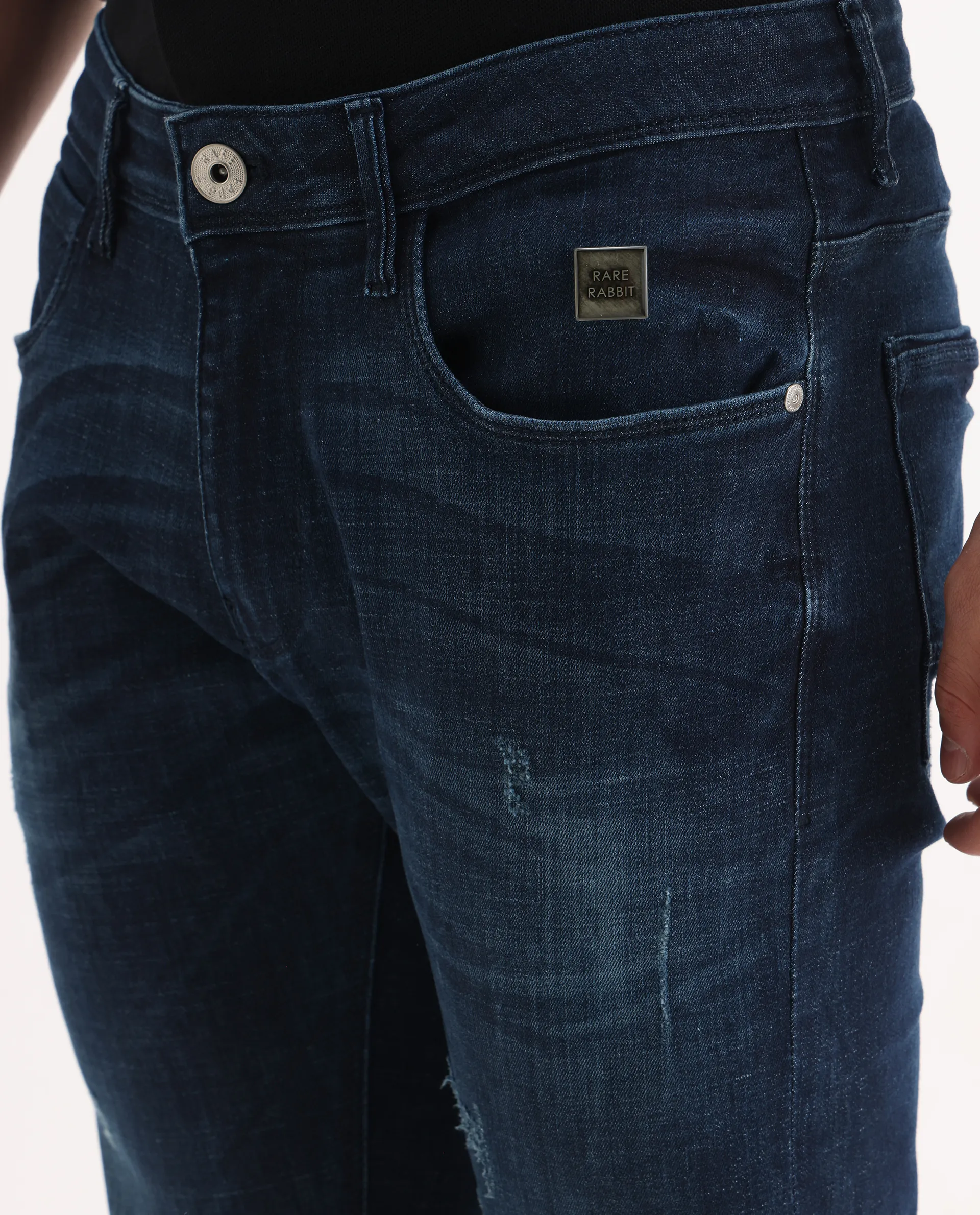 Rare Rabbit Men's David-3 Blue Cotton Plain Hawk Slim Fit Jeans - Image 4