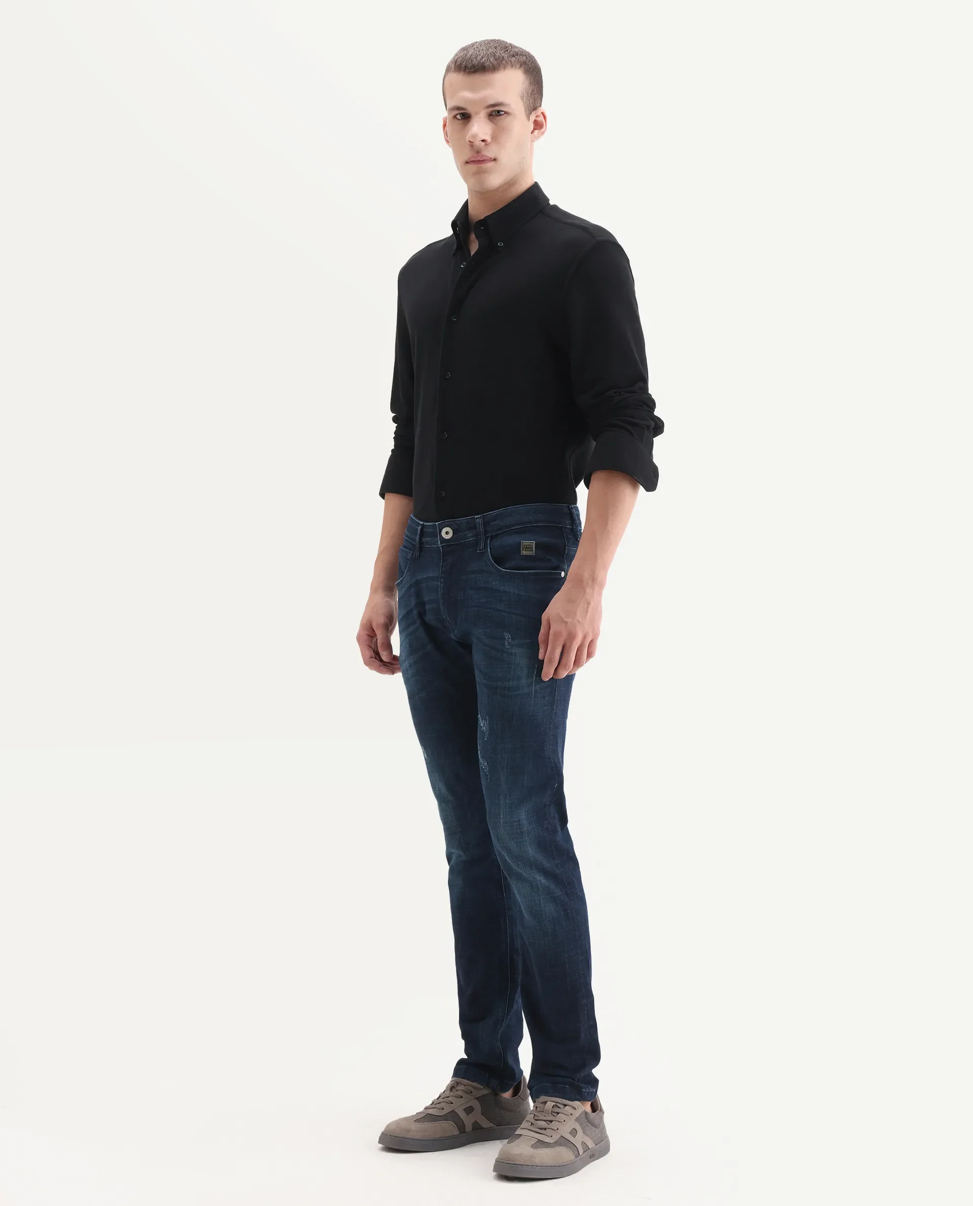 Rare Rabbit Men's David-3 Blue Cotton Plain Hawk Slim Fit Jeans - Image 7