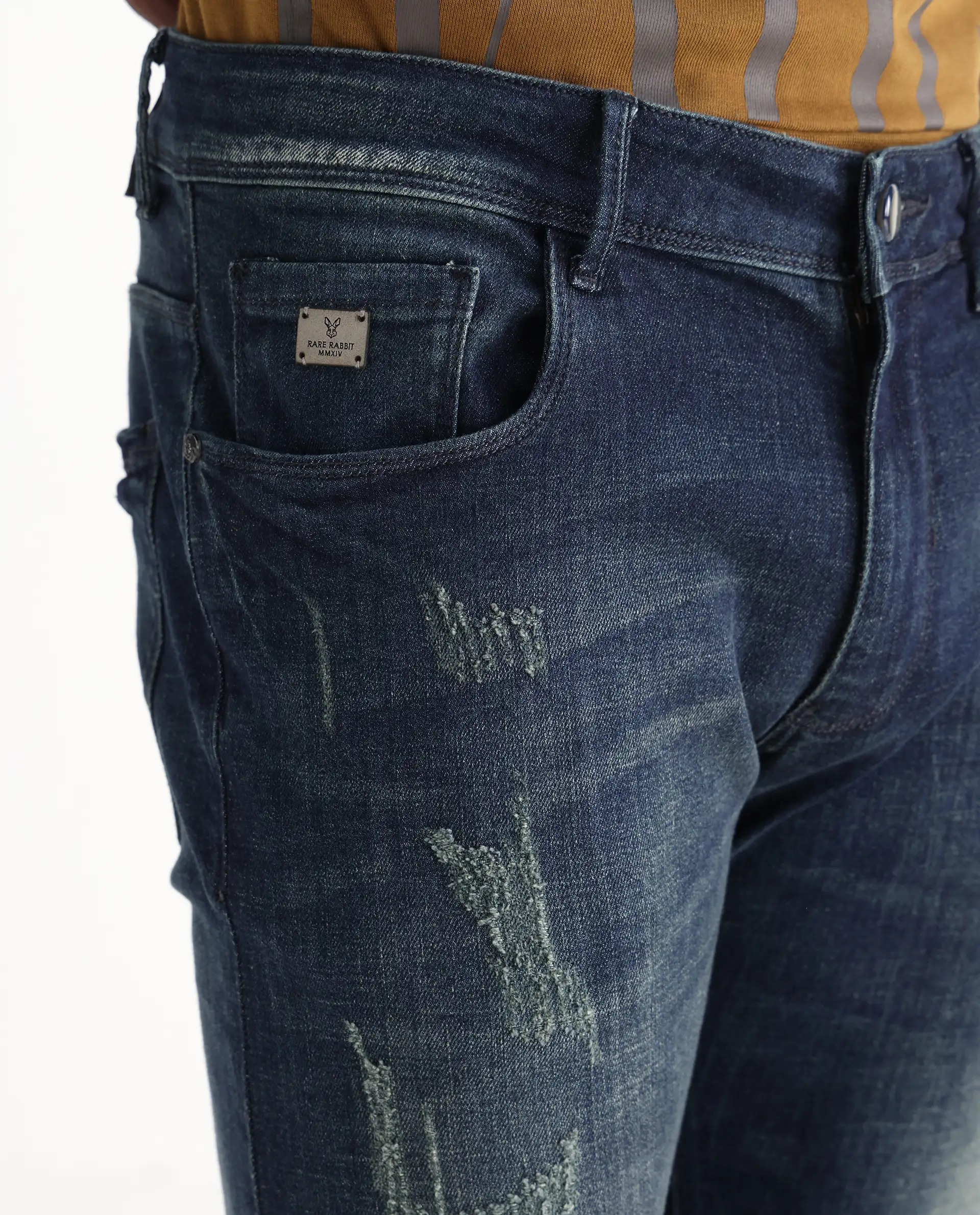 Rare Rabbit Men's David 4 Blue Cotton Plain Hawk Slim Fit Jeans - Image 5