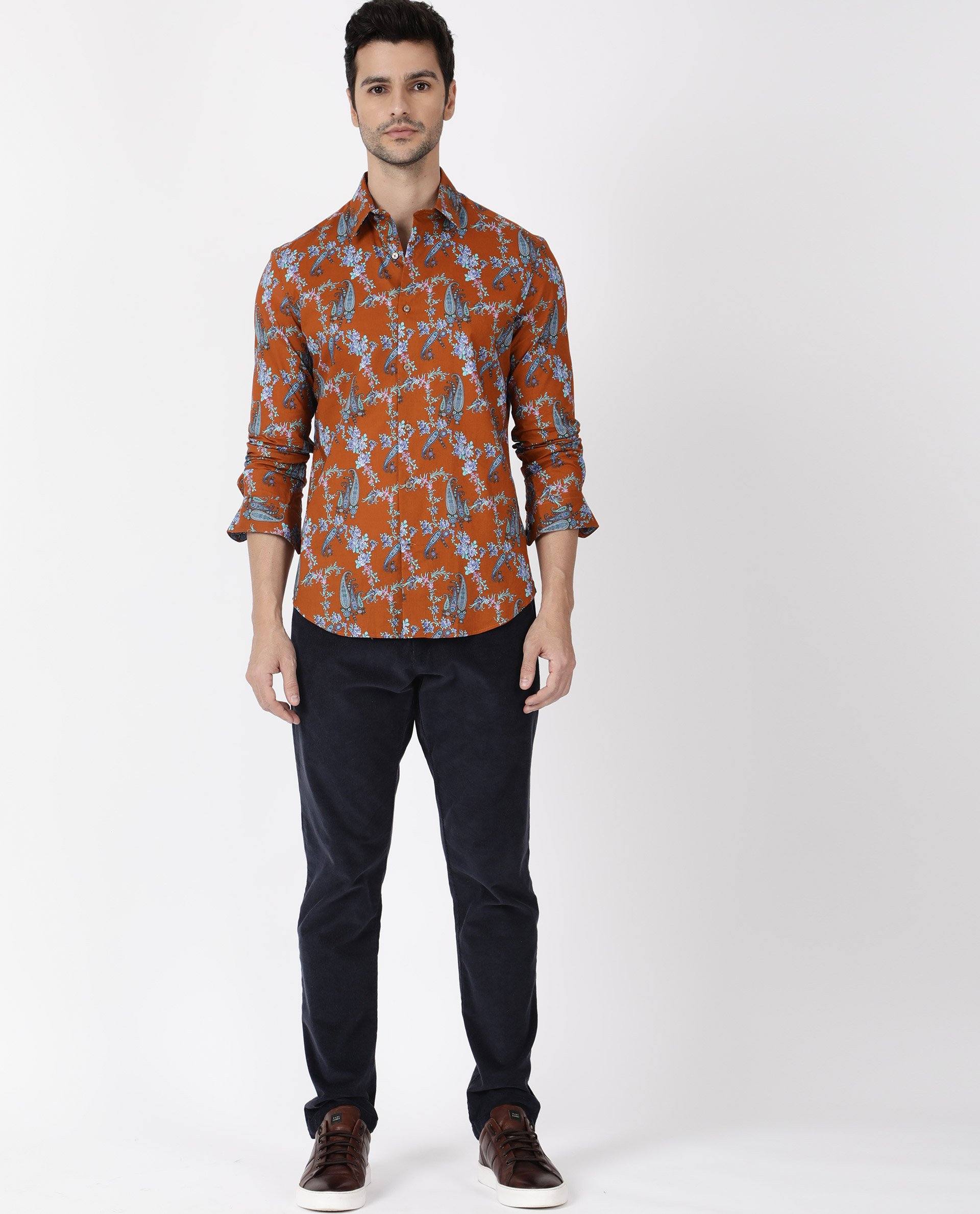 Rare Rabbit Men's Davos Orange Cotton Tailored Fit Full Sleeve Spread Collar Shirt - Image 2