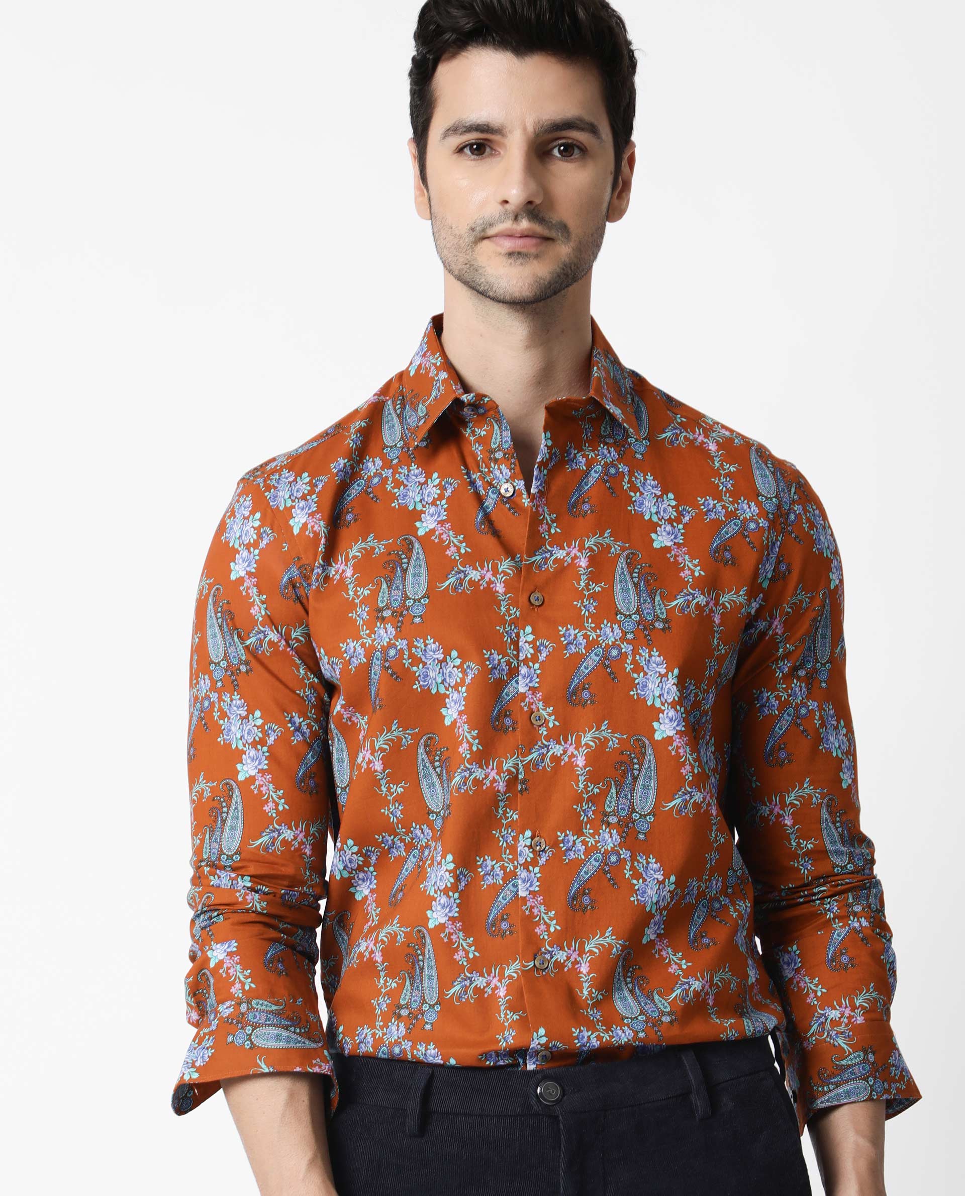 Rare Rabbit Men's Davos Orange Cotton Tailored Fit Full Sleeve Spread Collar Shirt - Image 3