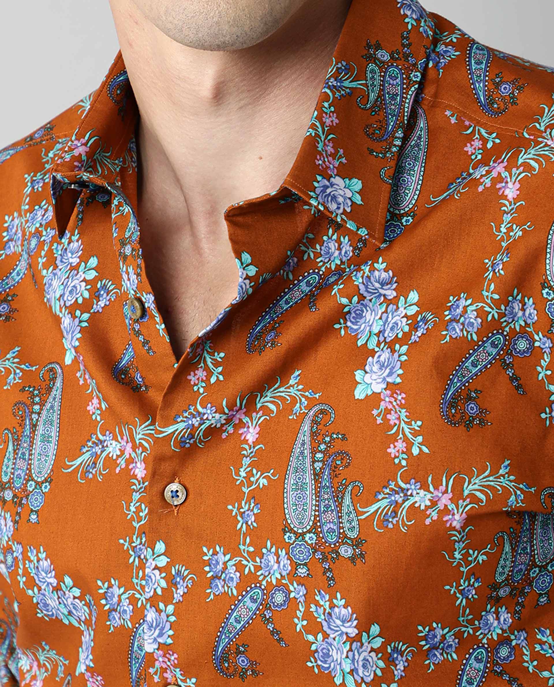 Rare Rabbit Men's Davos Orange Cotton Tailored Fit Full Sleeve Spread Collar Shirt - Image 4