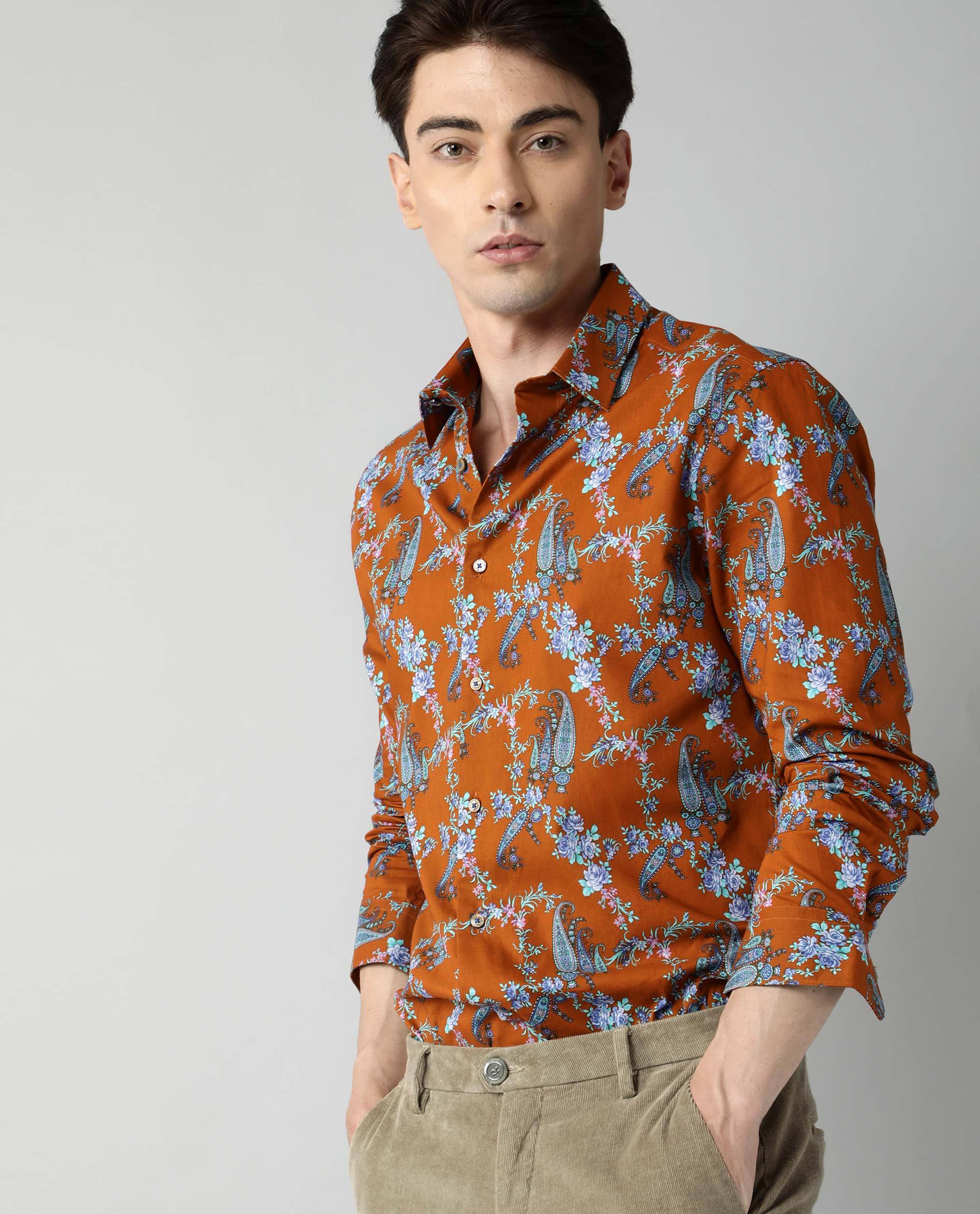 Rare Rabbit Men's Davos Orange Cotton Tailored Fit Full Sleeve Spread Collar Shirt - Image 5