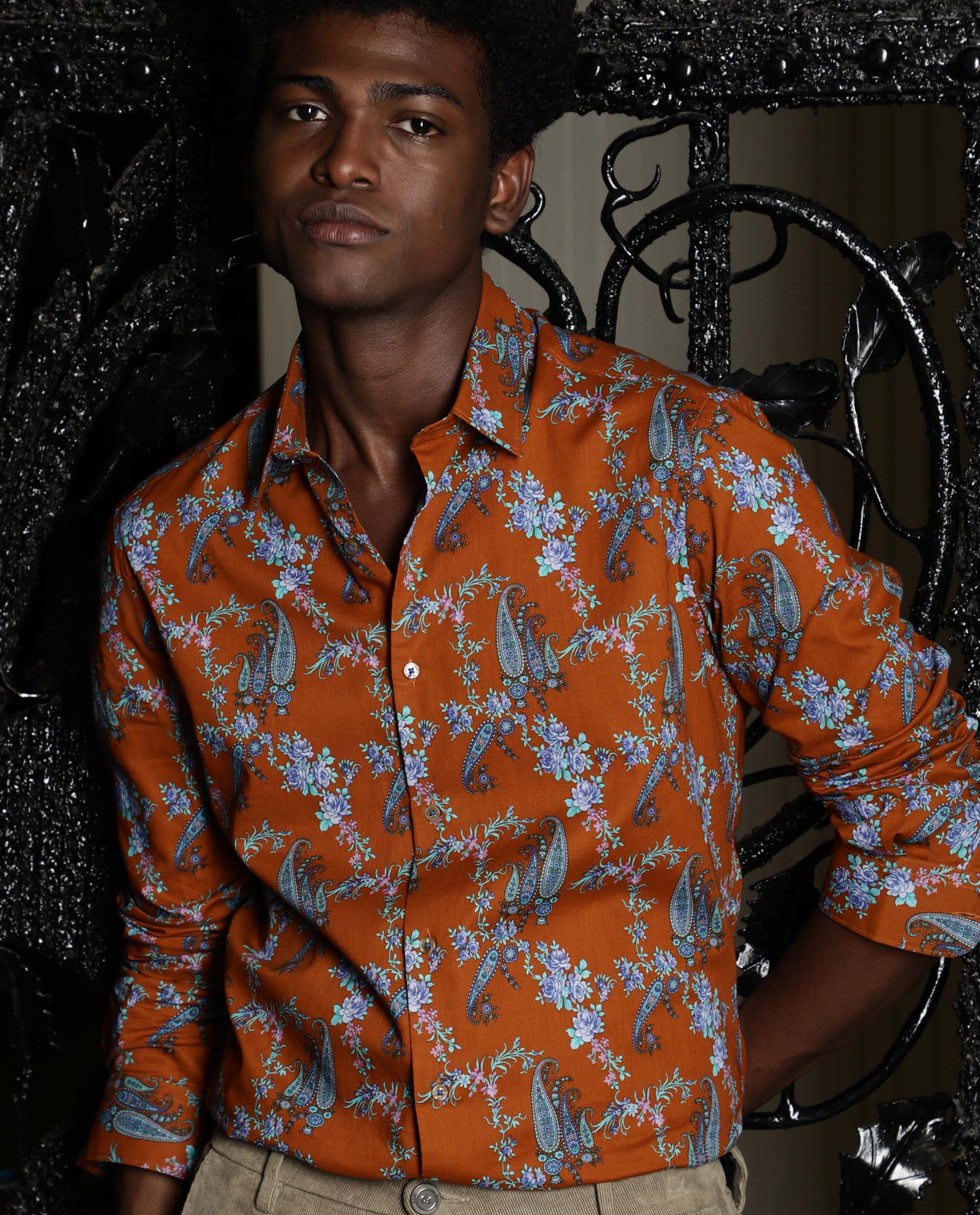 Rare Rabbit Men's Davos Orange Cotton Tailored Fit Full Sleeve Spread Collar Shirt - Image 6