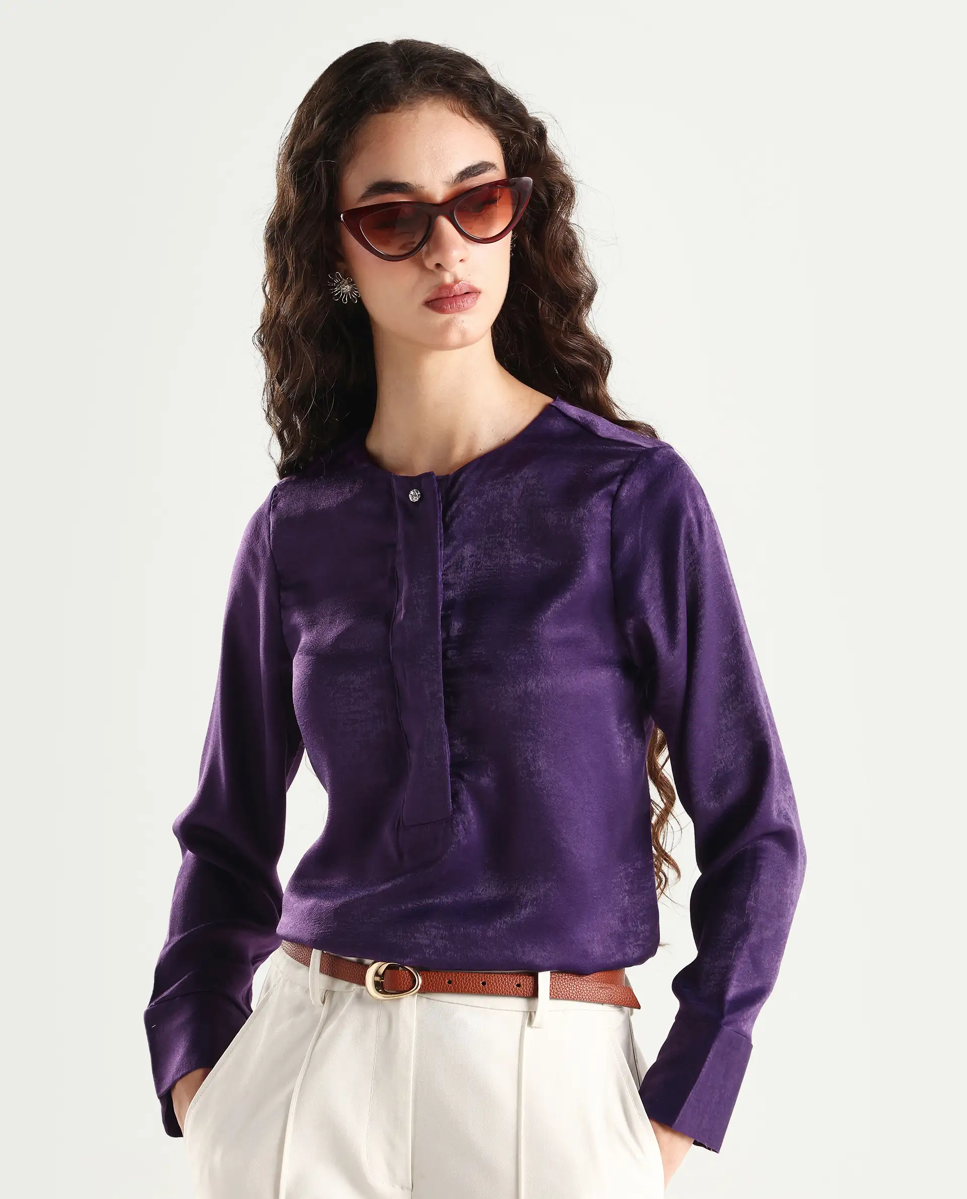 Rareism Women's Daxzo Purple Velvet Crew Neck Plain Relaxed Fit Top