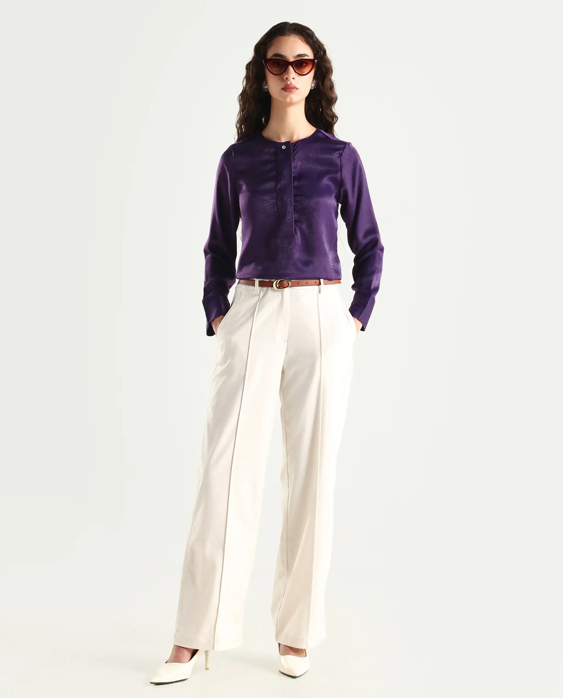 Rareism Women's Daxzo Purple Velvet Crew Neck Plain Relaxed Fit Top - Image 2