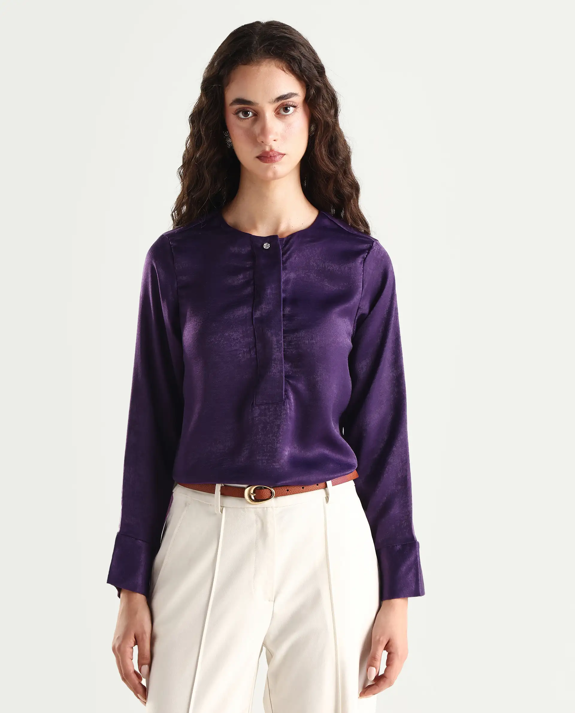Rareism Women's Daxzo Purple Velvet Crew Neck Plain Relaxed Fit Top - Image 3