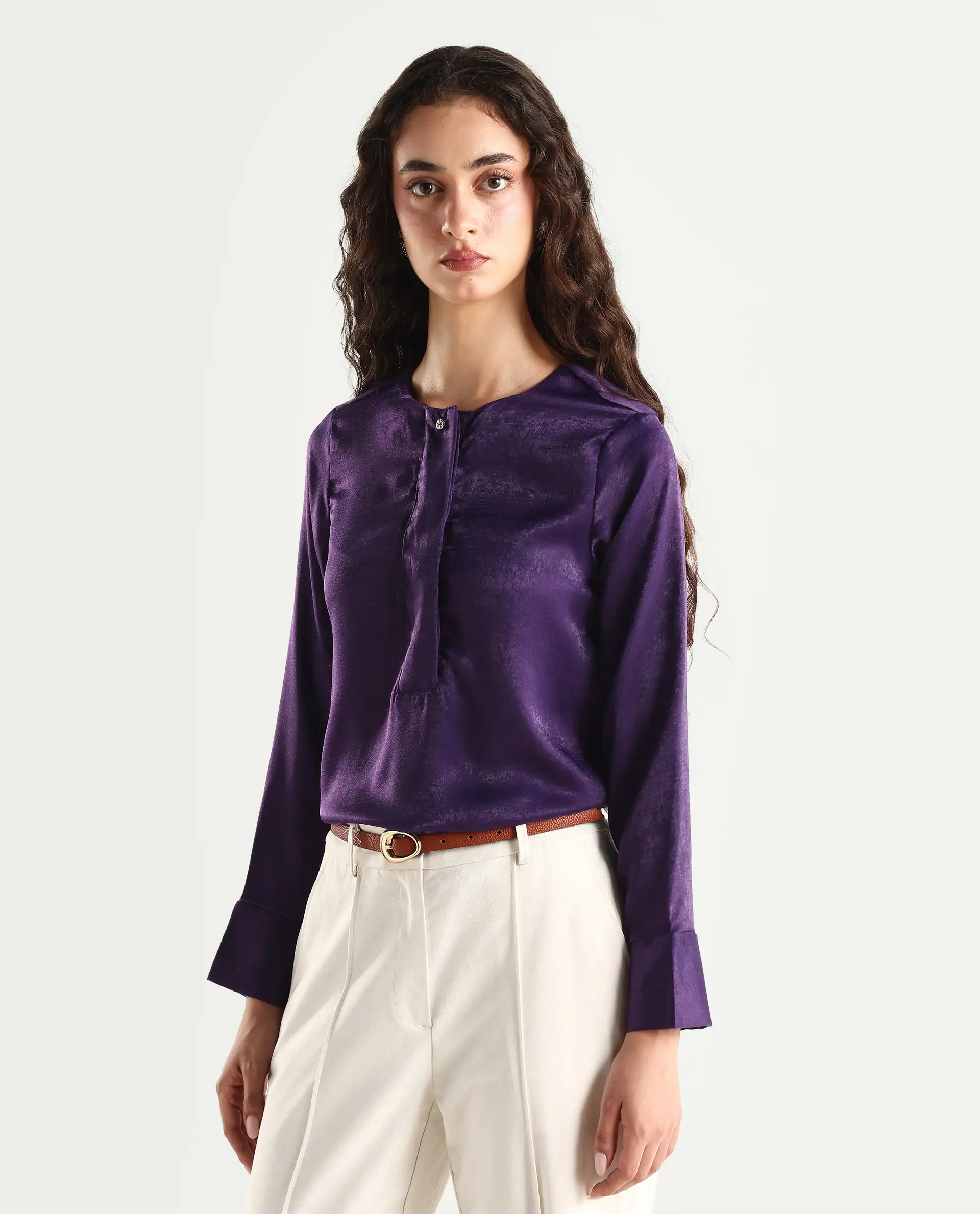 Rareism Women's Daxzo Purple Velvet Crew Neck Plain Relaxed Fit Top - Image 5