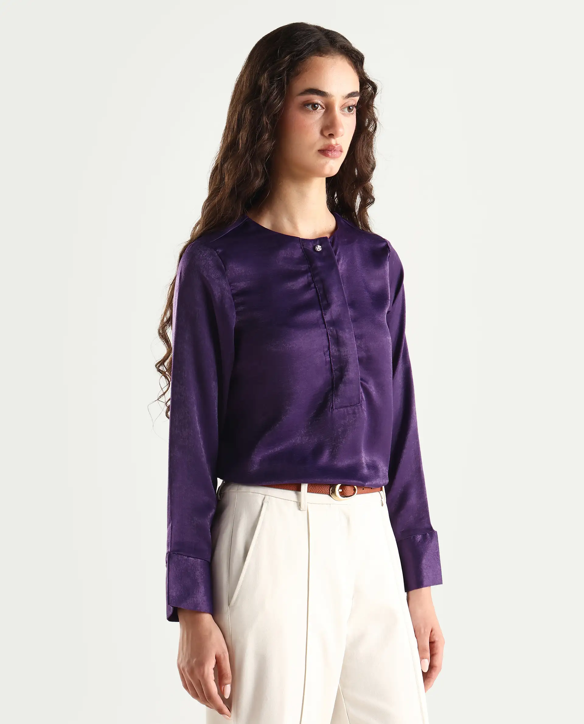 Rareism Women's Daxzo Purple Velvet Crew Neck Plain Relaxed Fit Top - Image 6