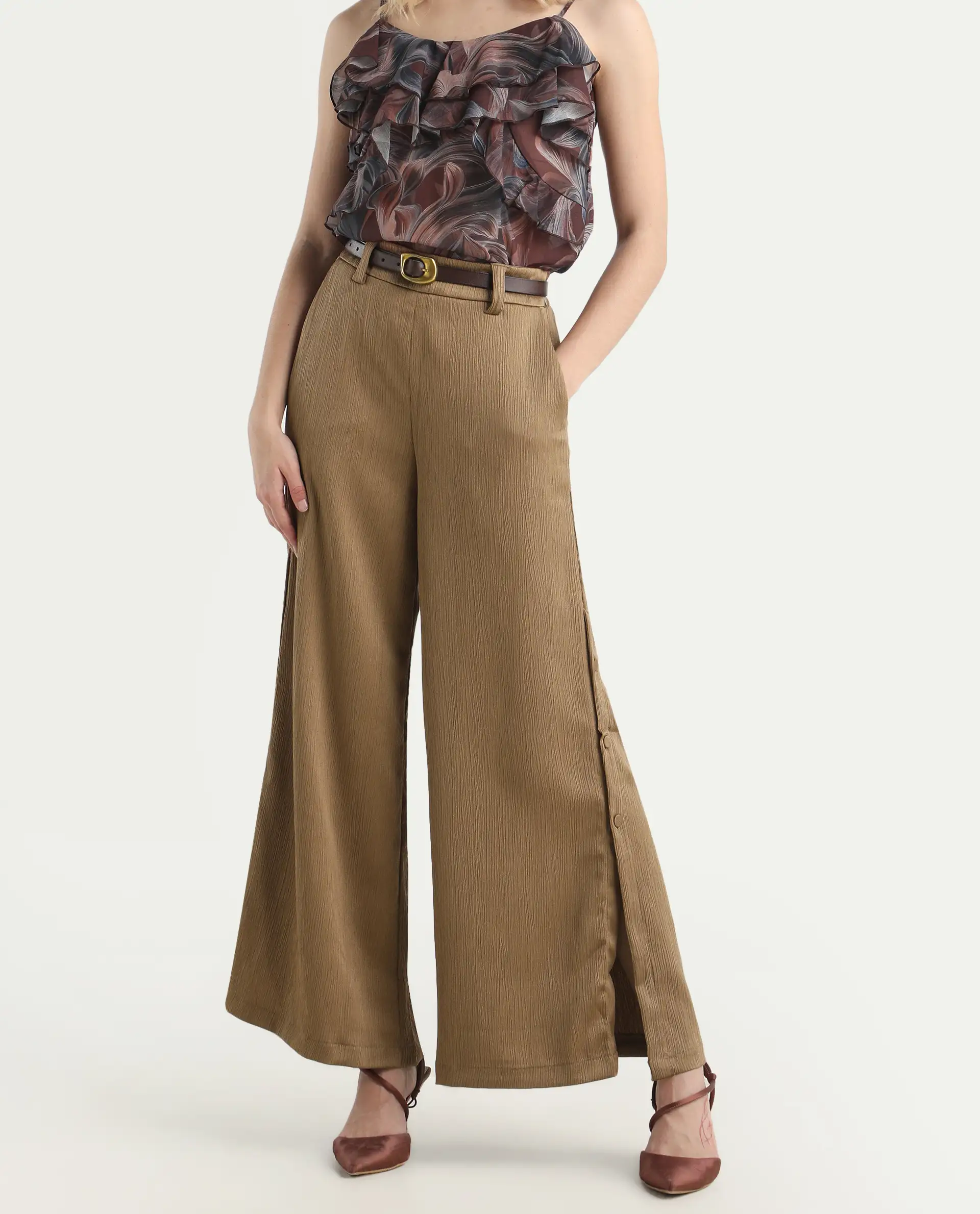 Rareism Women's Dayna Light Brown Polyester Plain Ankle Length Wide Trouser - Image 2