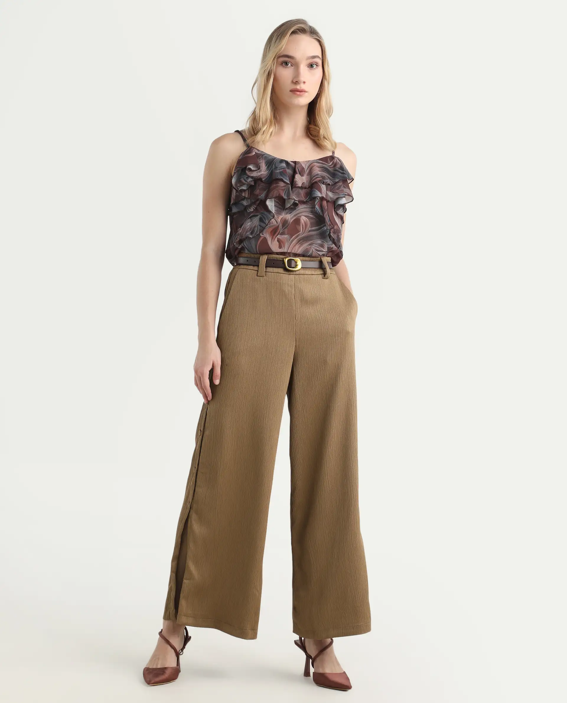 Rareism Women's Dayna Light Brown Polyester Plain Ankle Length Wide Trouser - Image 3