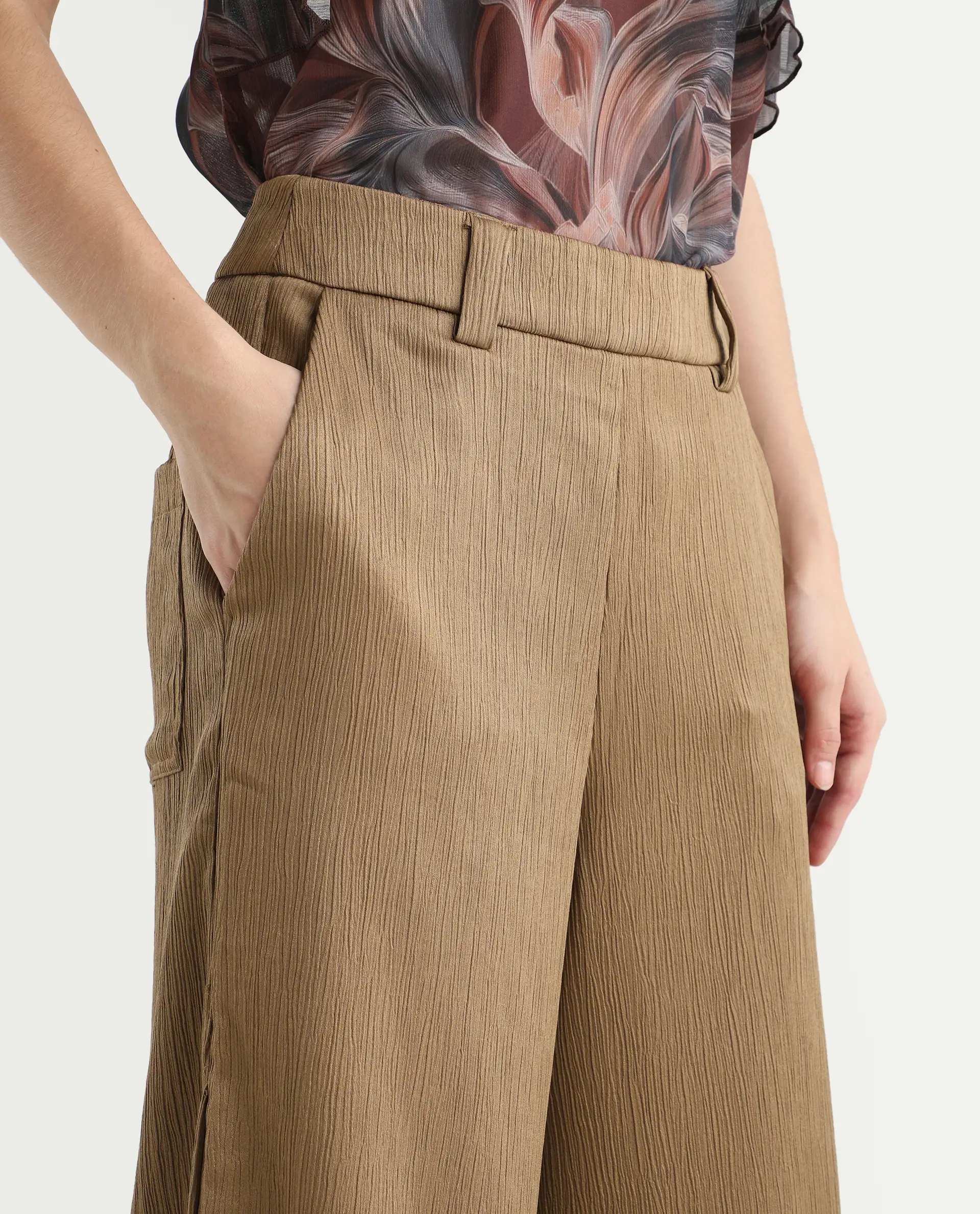 Rareism Women's Dayna Light Brown Polyester Plain Ankle Length Wide Trouser - Image 4