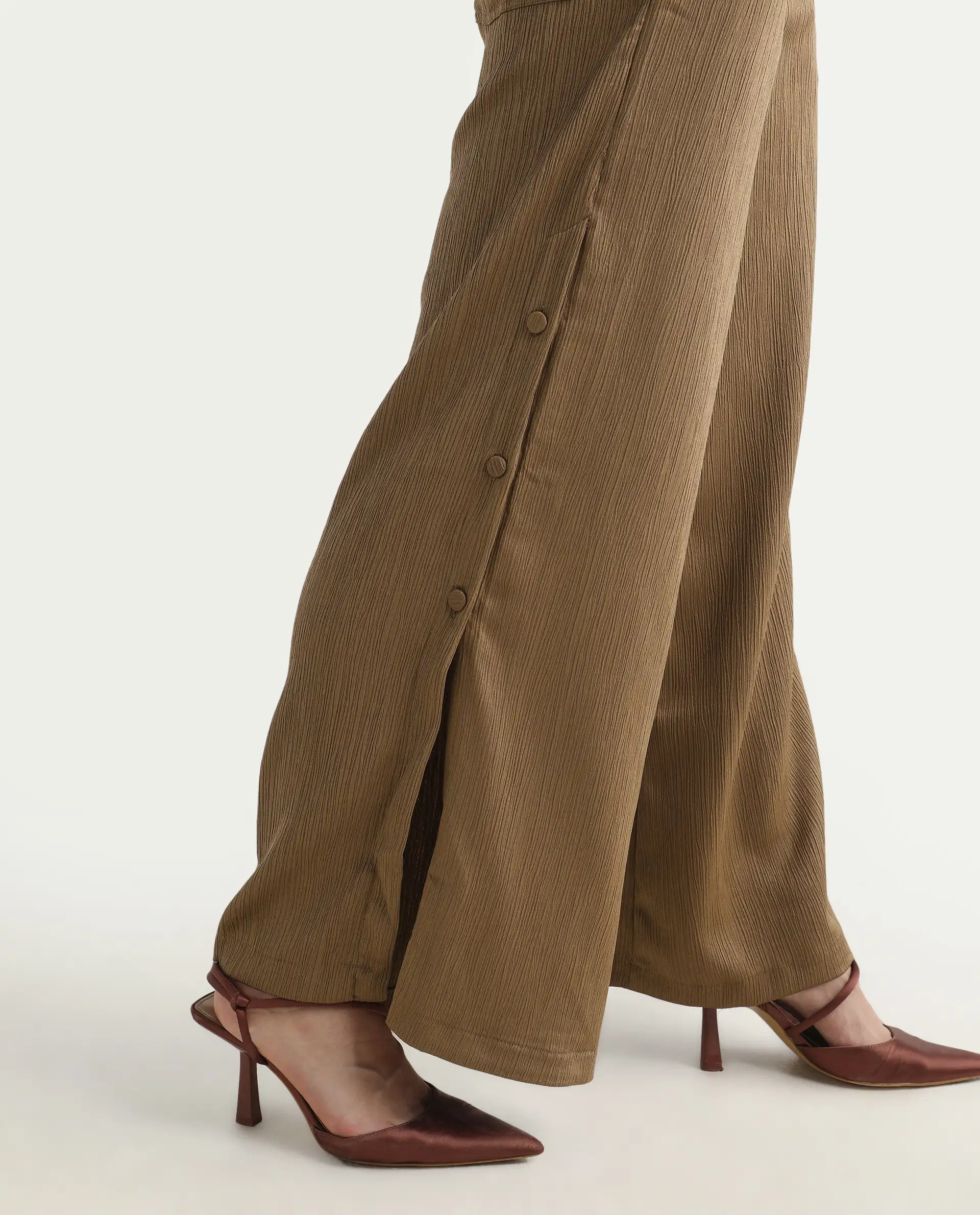 Rareism Women's Dayna Light Brown Polyester Plain Ankle Length Wide Trouser - Image 5