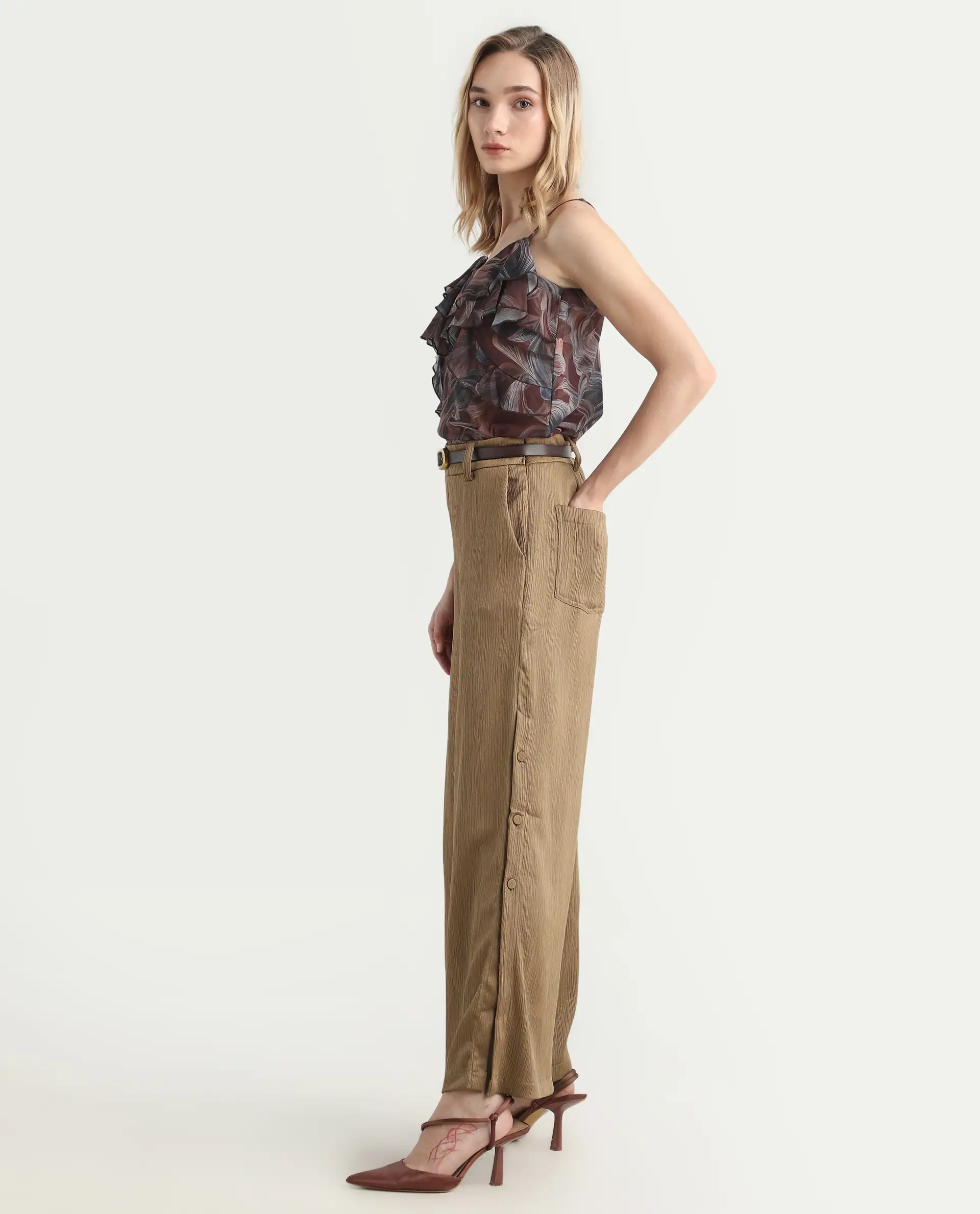Rareism Women's Dayna Light Brown Polyester Plain Ankle Length Wide Trouser - Image 6