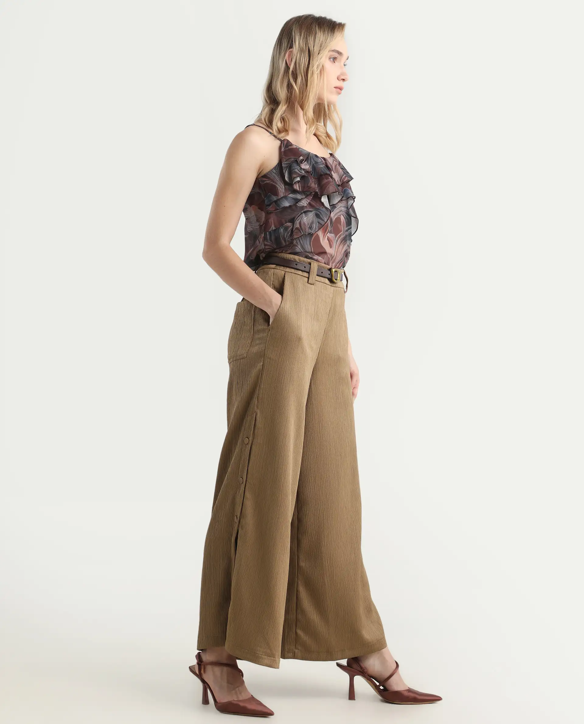 Rareism Women's Dayna Light Brown Polyester Plain Ankle Length Wide Trouser - Image 7