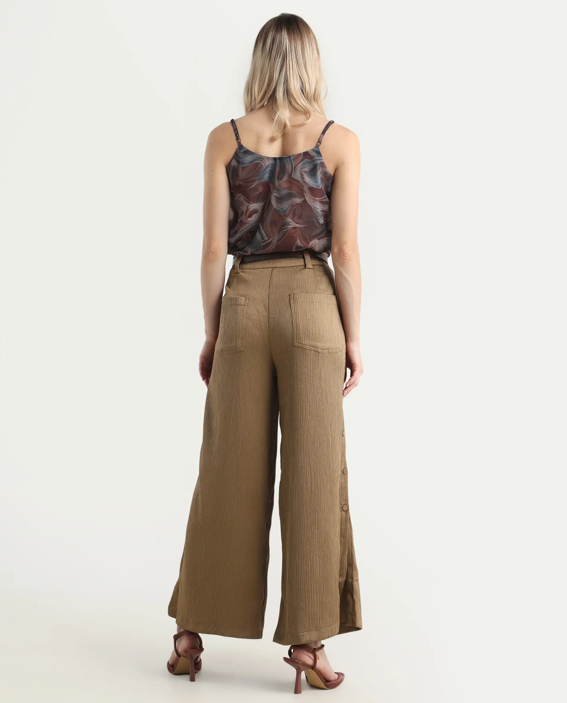 Rareism Women's Dayna Light Brown Polyester Plain Ankle Length Wide Trouser - Image 8