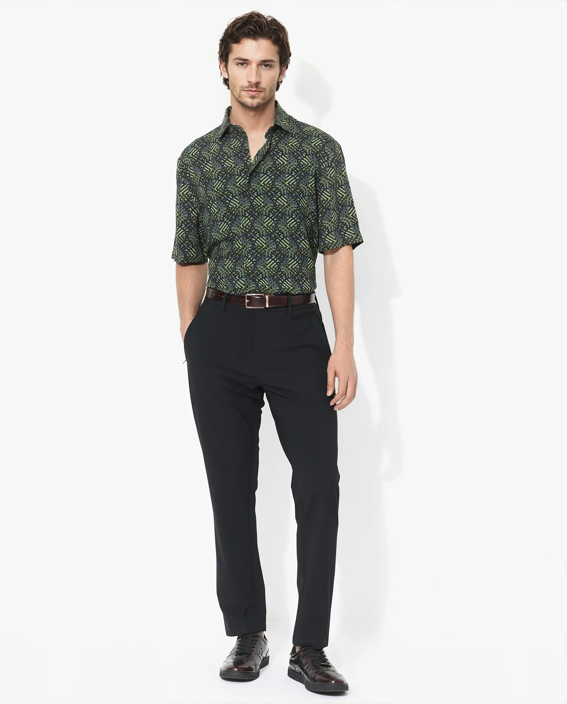 Rare Rabbit Men's Deaton Black Viscose Geometric Print Regular Fit Half Sleeve Collared Shirt - Image 2