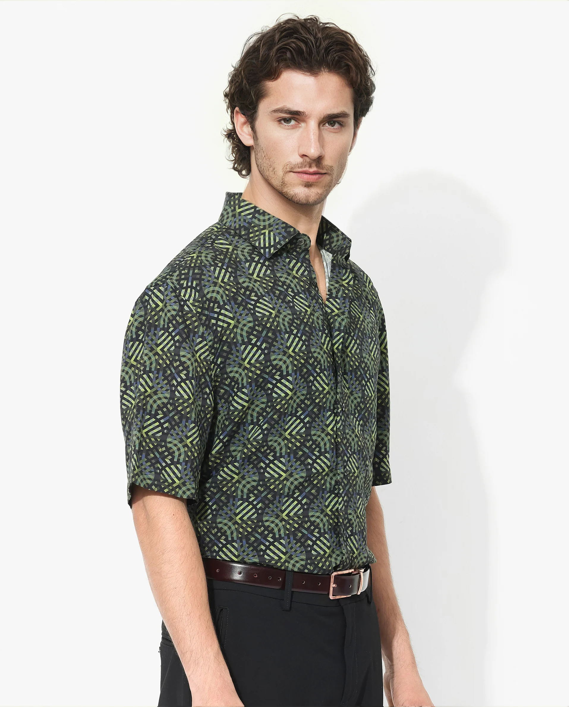 Rare Rabbit Men's Deaton Black Viscose Geometric Print Regular Fit Half Sleeve Collared Shirt - Image 3