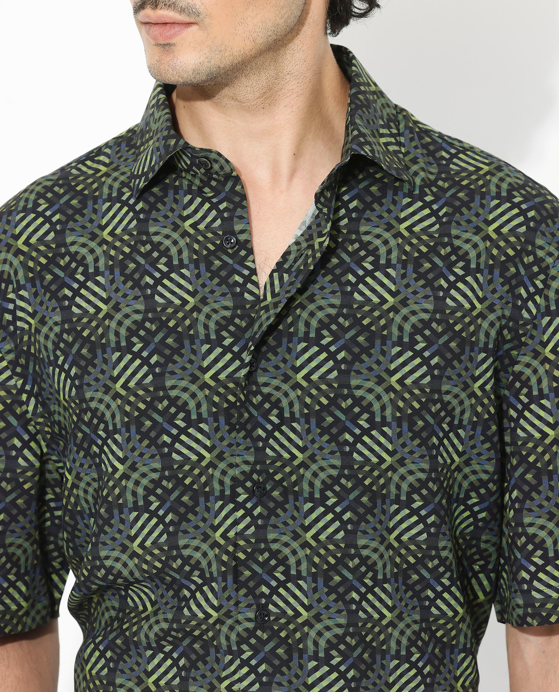 Rare Rabbit Men's Deaton Black Viscose Geometric Print Regular Fit Half Sleeve Collared Shirt - Image 5