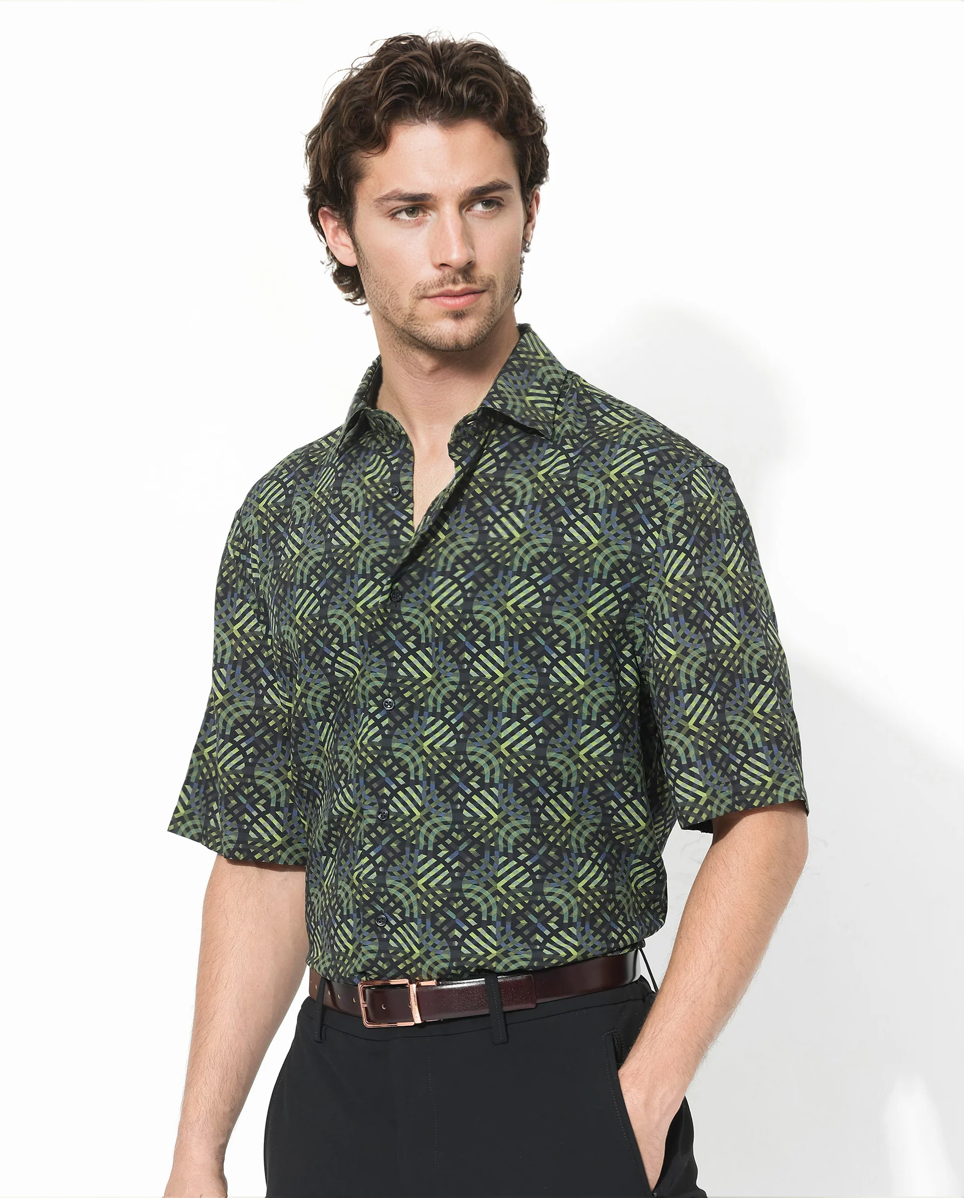 Rare Rabbit Men's Deaton Black Viscose Geometric Print Regular Fit Half Sleeve Collared Shirt - Image 6