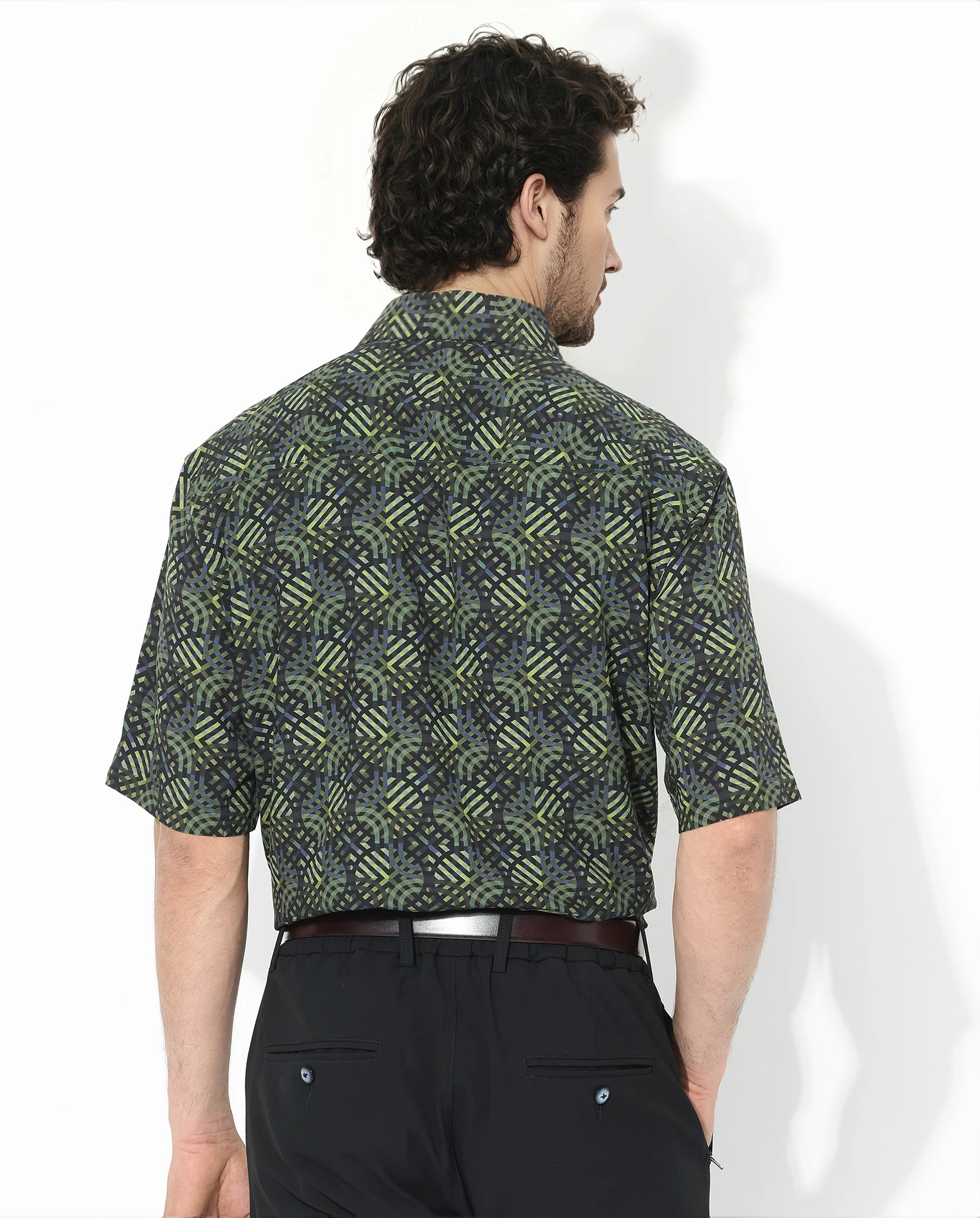 Rare Rabbit Men's Deaton Black Viscose Geometric Print Regular Fit Half Sleeve Collared Shirt - Image 7
