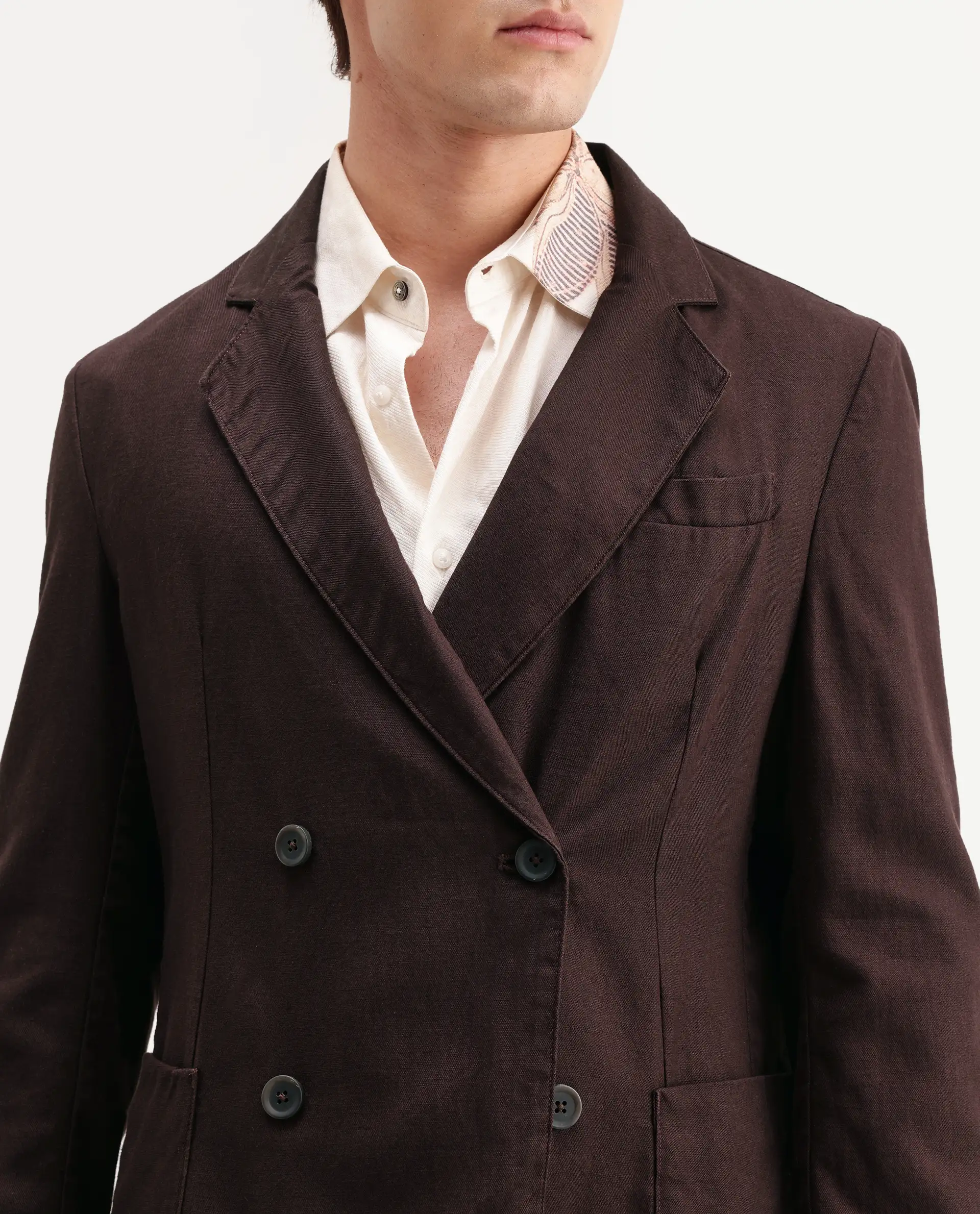 Rare Rabbit Men's Deb Dark Brown Linen Blend Fabric Lapel Neck Tailored Fit Plain Blazer - Image 3