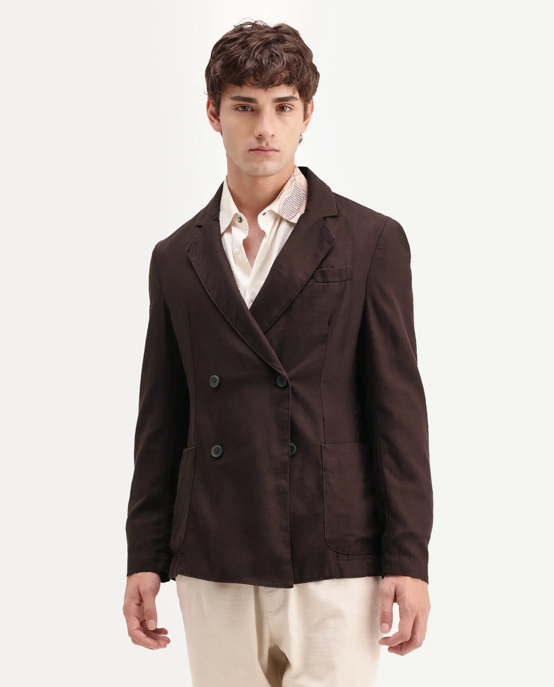 Rare Rabbit Men's Deb Dark Brown Linen Blend Fabric Lapel Neck Tailored Fit Plain Blazer - Image 4