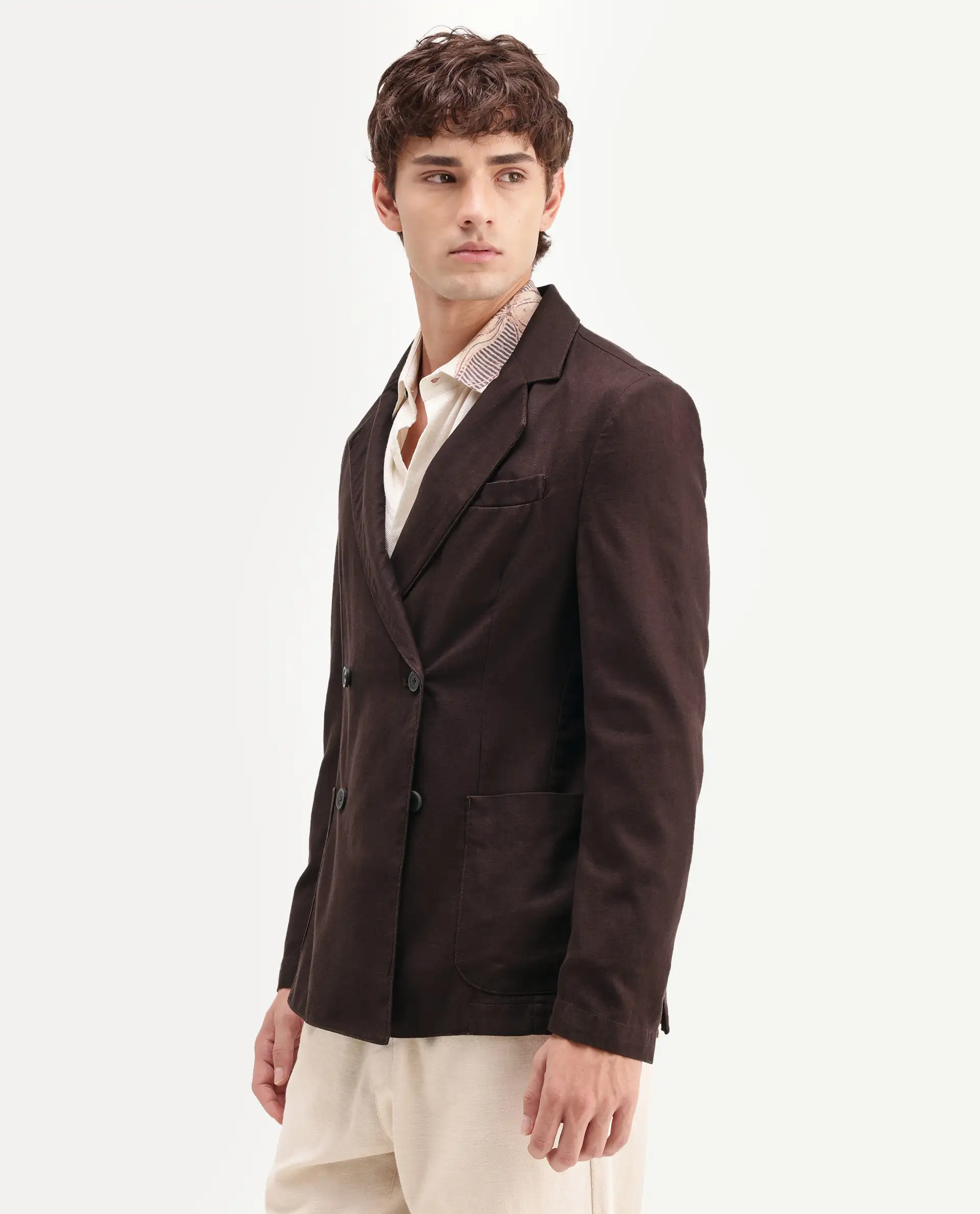 Rare Rabbit Men's Deb Dark Brown Linen Blend Fabric Lapel Neck Tailored Fit Plain Blazer - Image 5