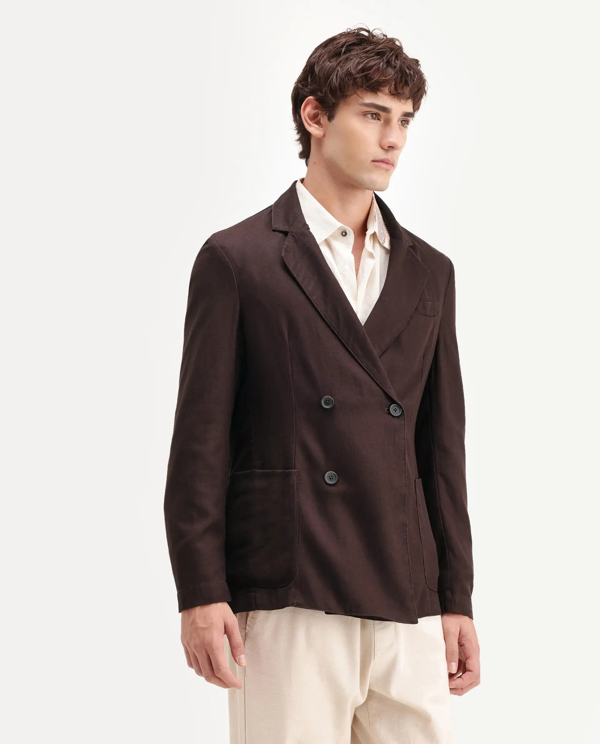 Rare Rabbit Men's Deb Dark Brown Linen Blend Fabric Lapel Neck Tailored Fit Plain Blazer - Image 6