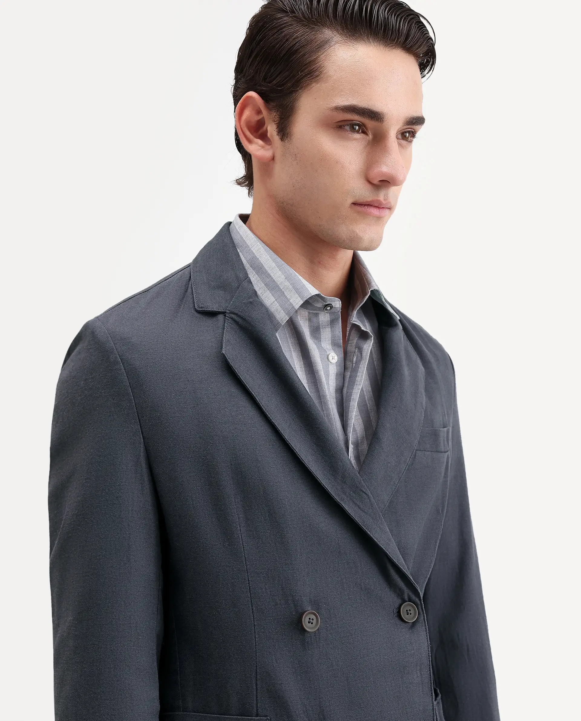 Rare Rabbit Men's Deb Dark Grey Linen Blend Fabric Lapel Neck Tailored Fit Plain Blazer - Image 3