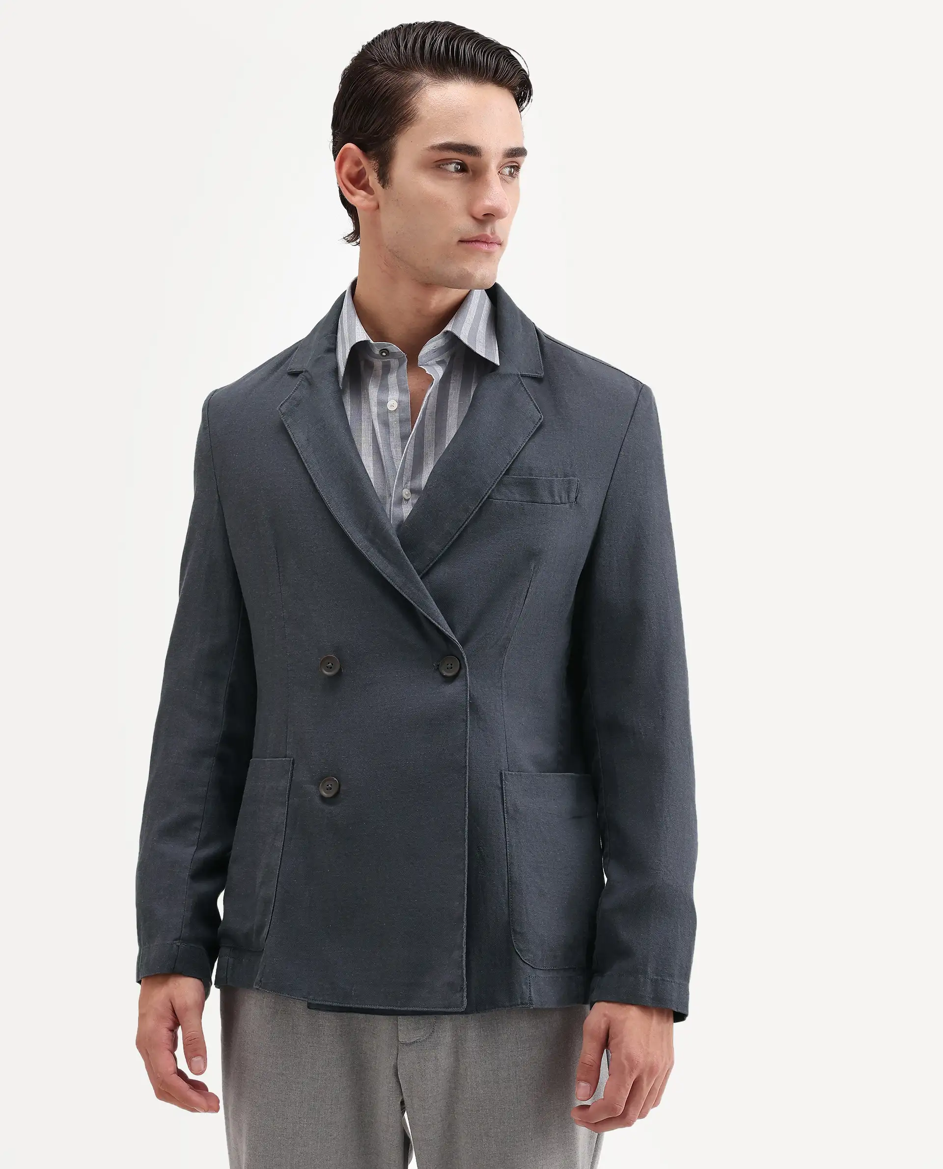Rare Rabbit Men's Deb Dark Grey Linen Blend Fabric Lapel Neck Tailored Fit Plain Blazer - Image 4