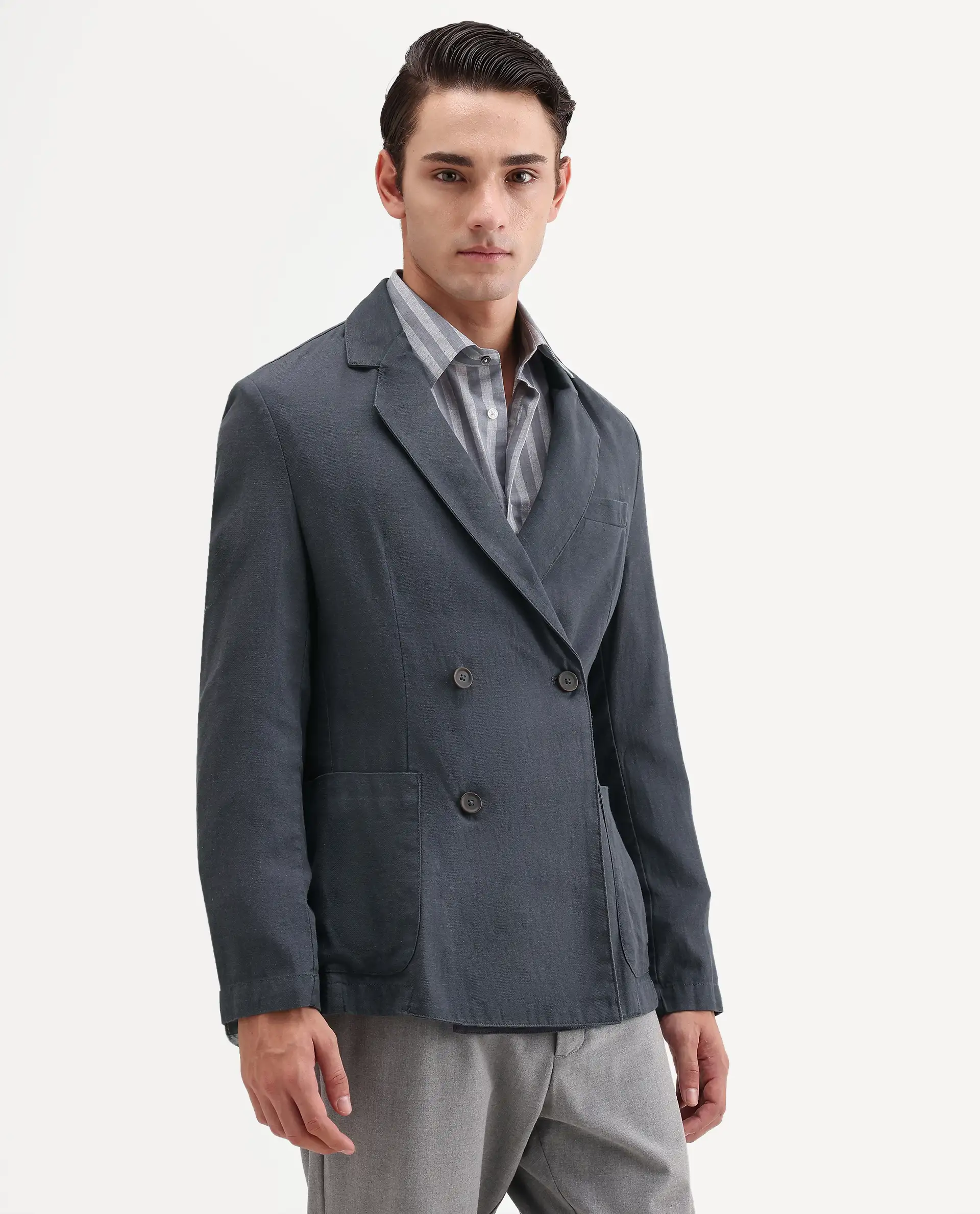 Rare Rabbit Men's Deb Dark Grey Linen Blend Fabric Lapel Neck Tailored Fit Plain Blazer - Image 5