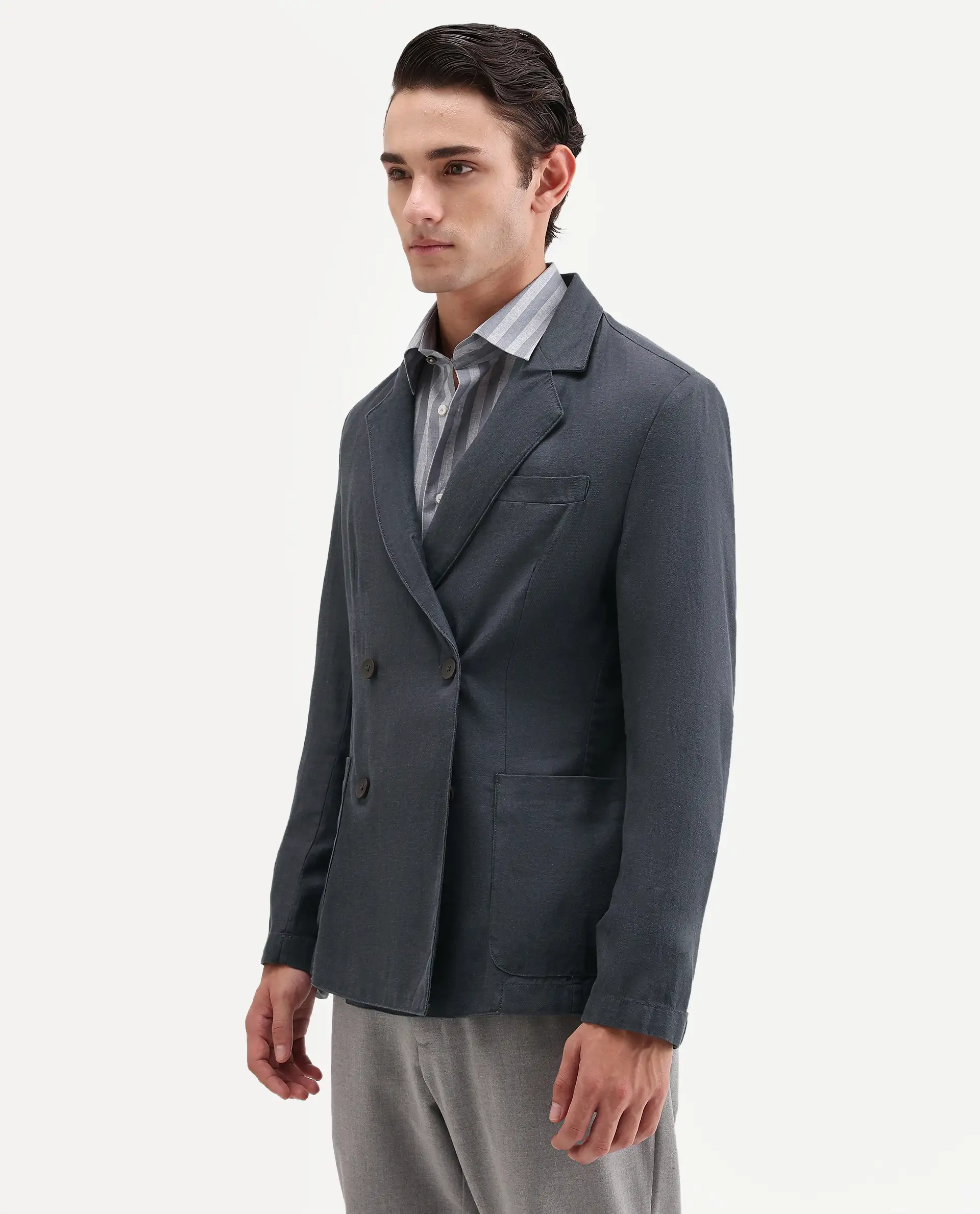 Rare Rabbit Men's Deb Dark Grey Linen Blend Fabric Lapel Neck Tailored Fit Plain Blazer - Image 6