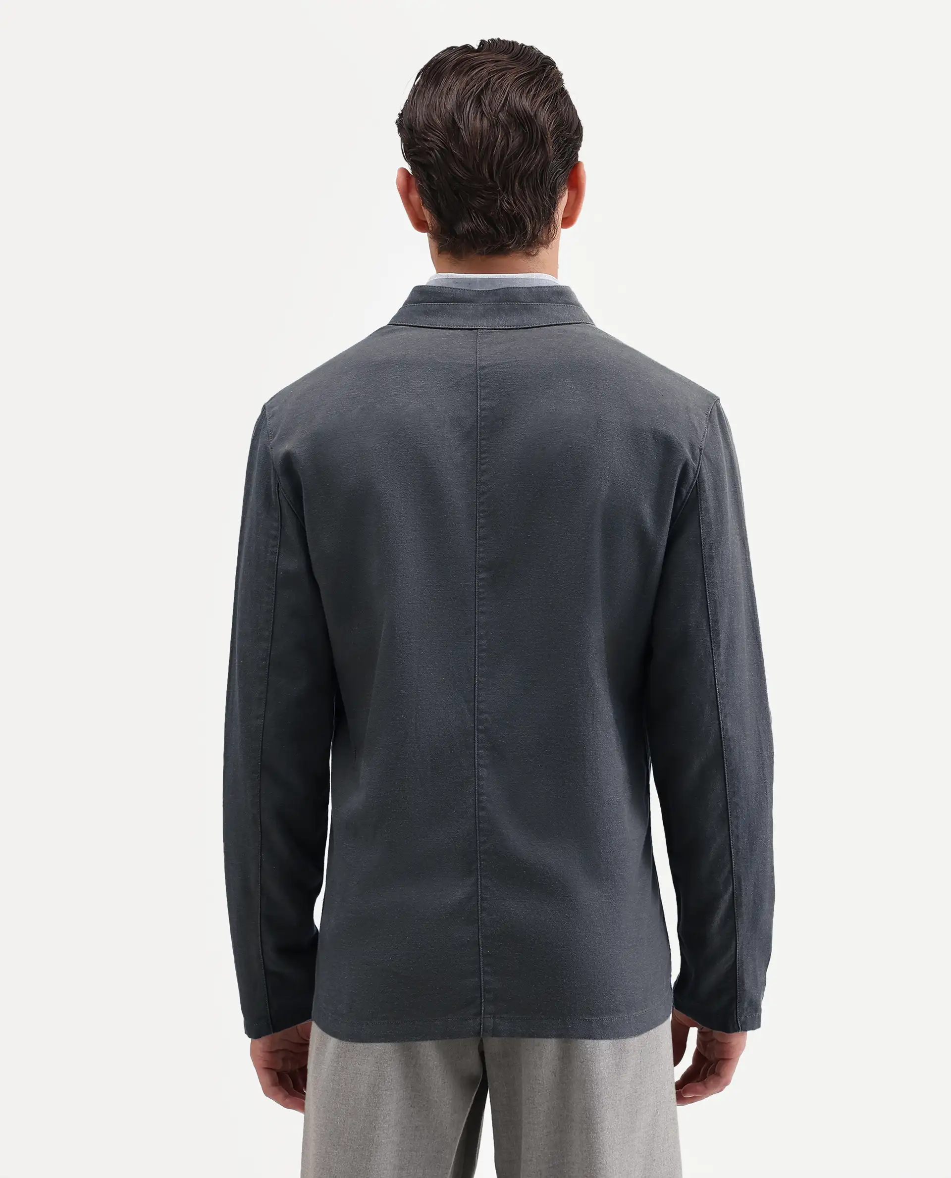 Rare Rabbit Men's Deb Dark Grey Linen Blend Fabric Lapel Neck Tailored Fit Plain Blazer - Image 7