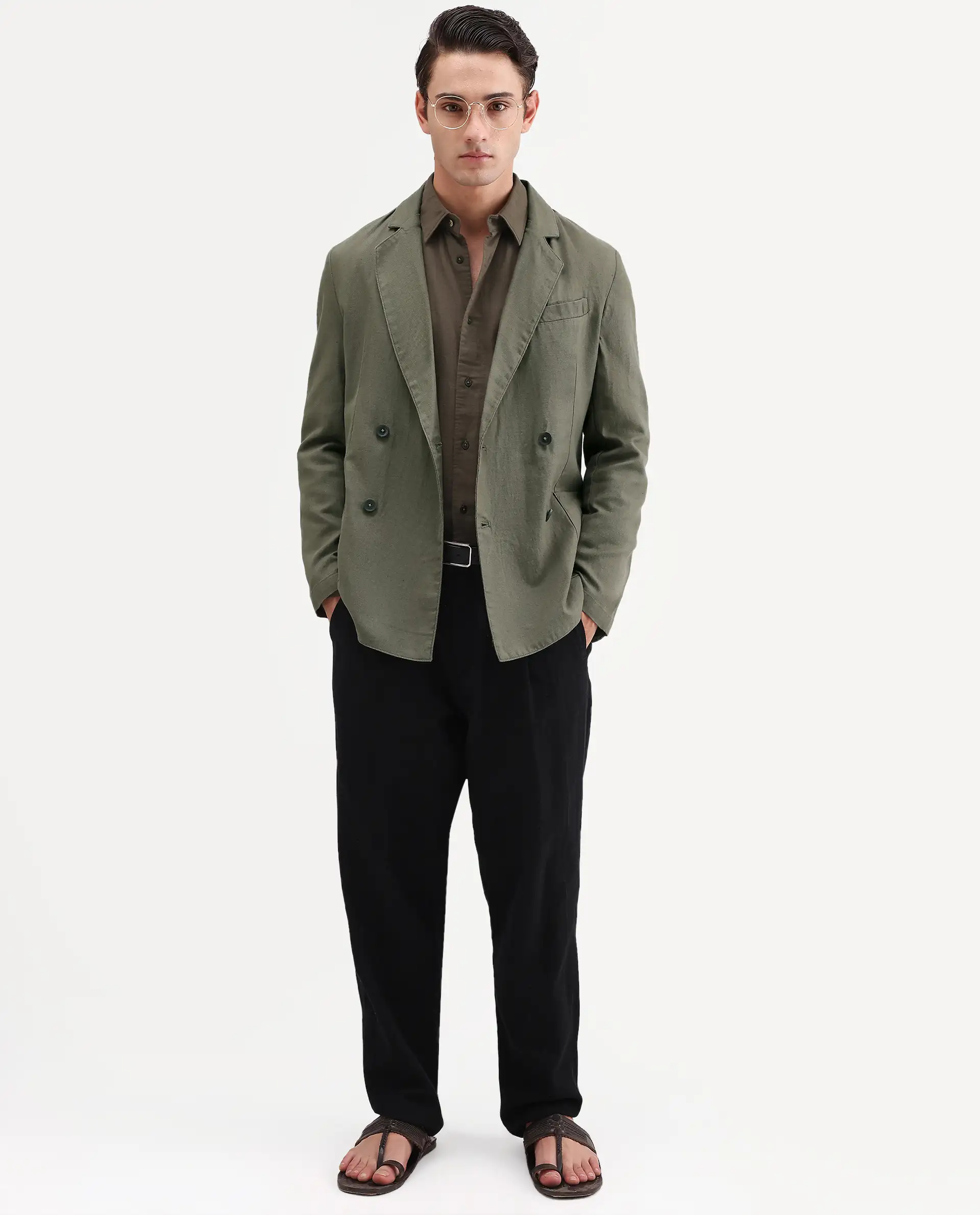 Rare Rabbit Men's Deb Dusky Olive Linen Blend Fabric Lapel Neck Tailored Fit Plain Blazer - Image 2