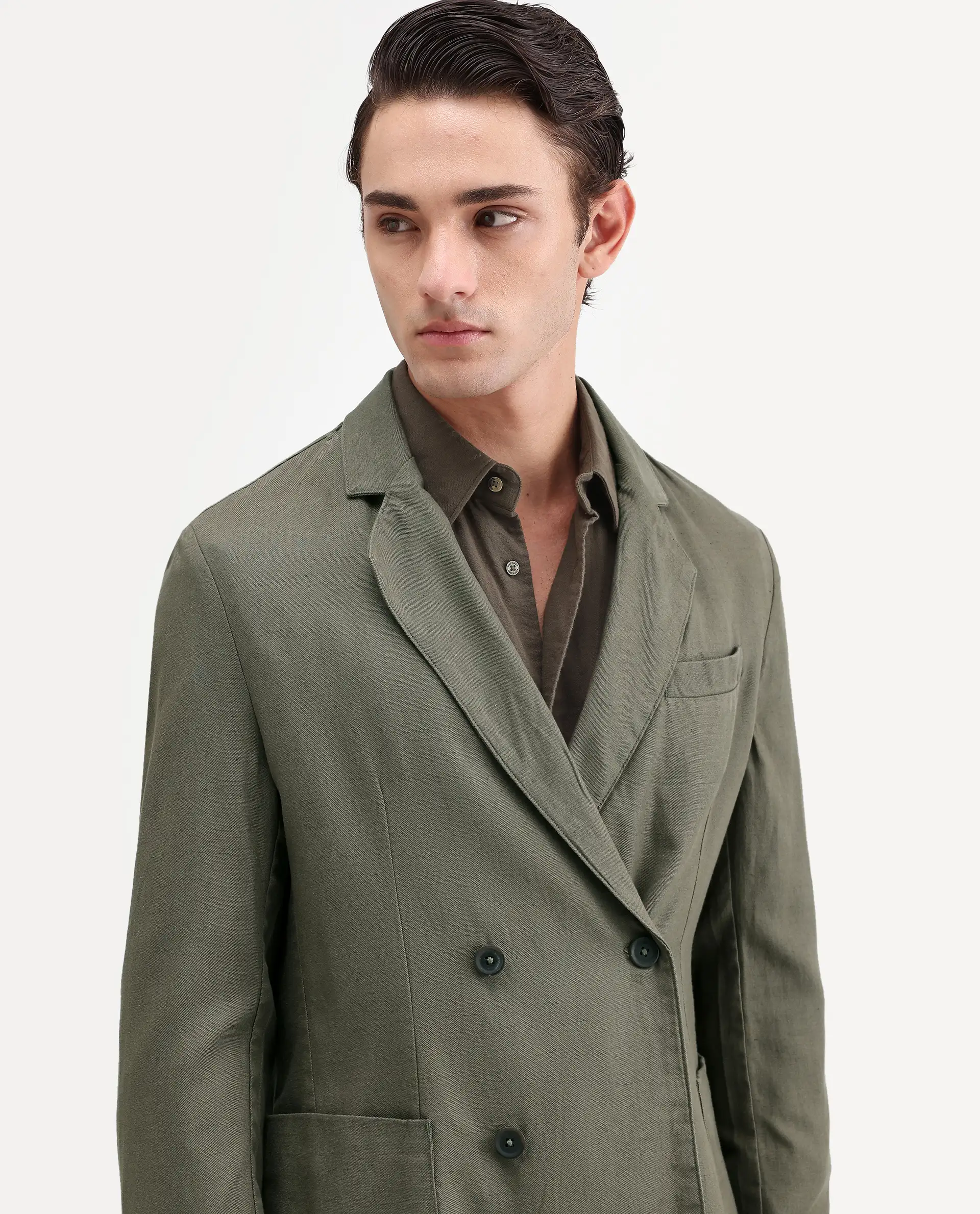 Rare Rabbit Men's Deb Dusky Olive Linen Blend Fabric Lapel Neck Tailored Fit Plain Blazer - Image 3