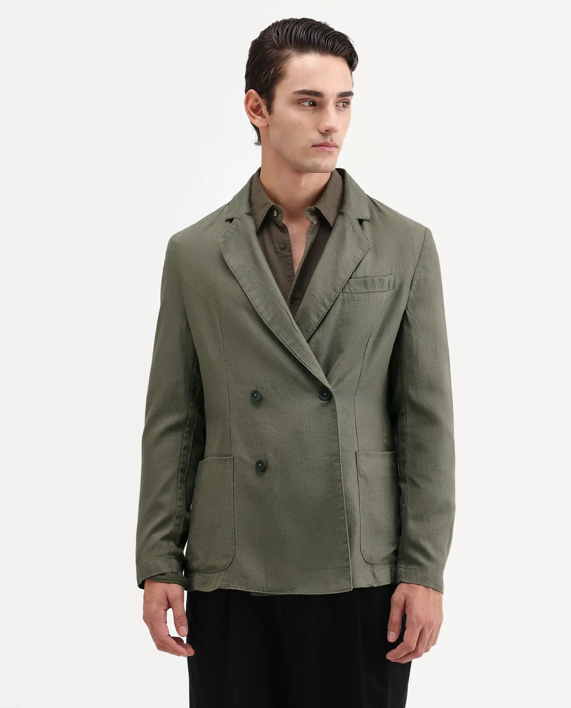 Rare Rabbit Men's Deb Dusky Olive Linen Blend Fabric Lapel Neck Tailored Fit Plain Blazer - Image 4