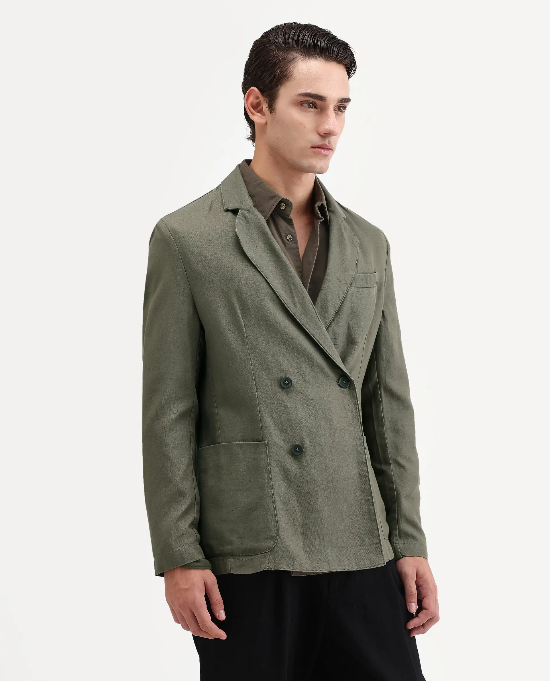 Rare Rabbit Men's Deb Dusky Olive Linen Blend Fabric Lapel Neck Tailored Fit Plain Blazer - Image 5
