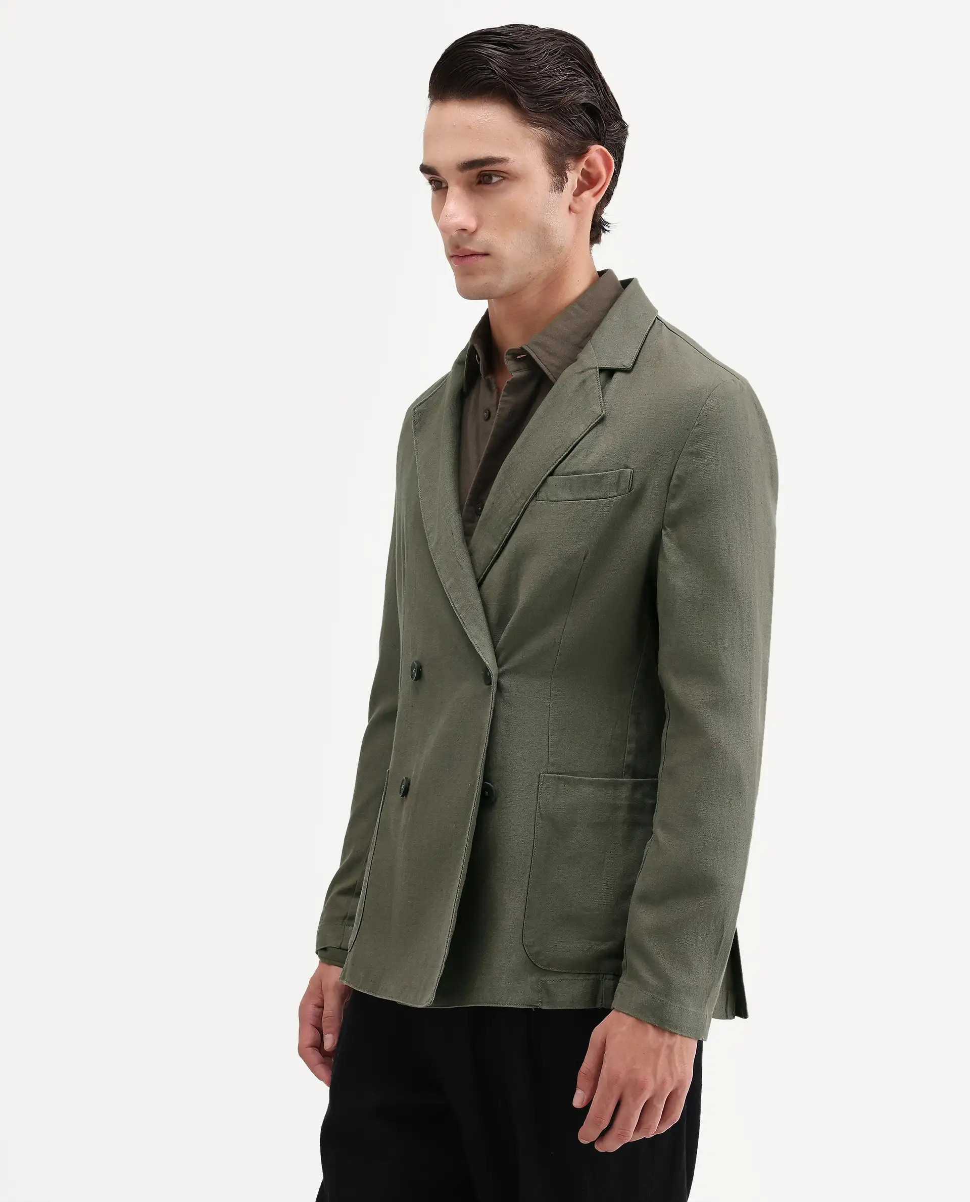 Rare Rabbit Men's Deb Dusky Olive Linen Blend Fabric Lapel Neck Tailored Fit Plain Blazer - Image 6