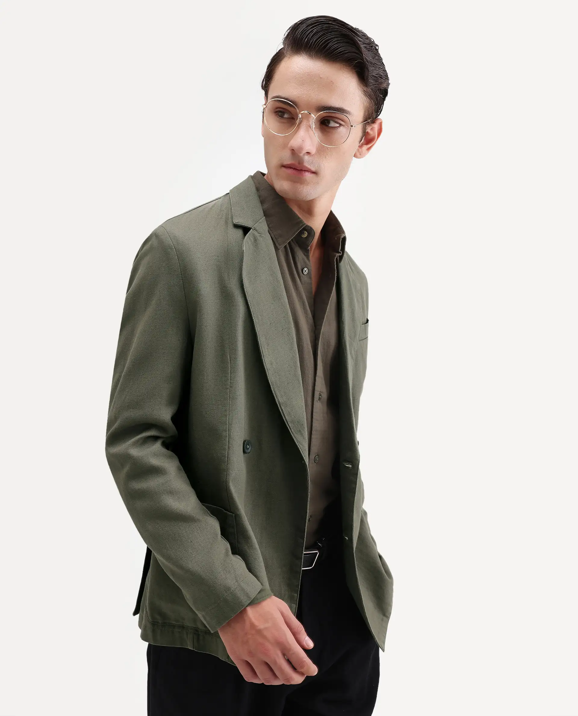 Rare Rabbit Men's Deb Dusky Olive Linen Blend Fabric Lapel Neck Tailored Fit Plain Blazer - Image 7