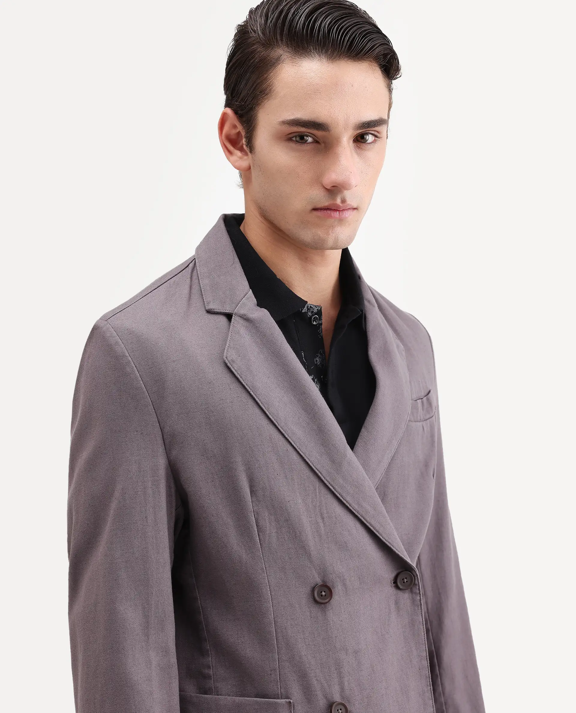 Rare Rabbit Men's Deb Grey Linen Blend Fabric Lapel Neck Tailored Fit Plain Blazer - Image 3