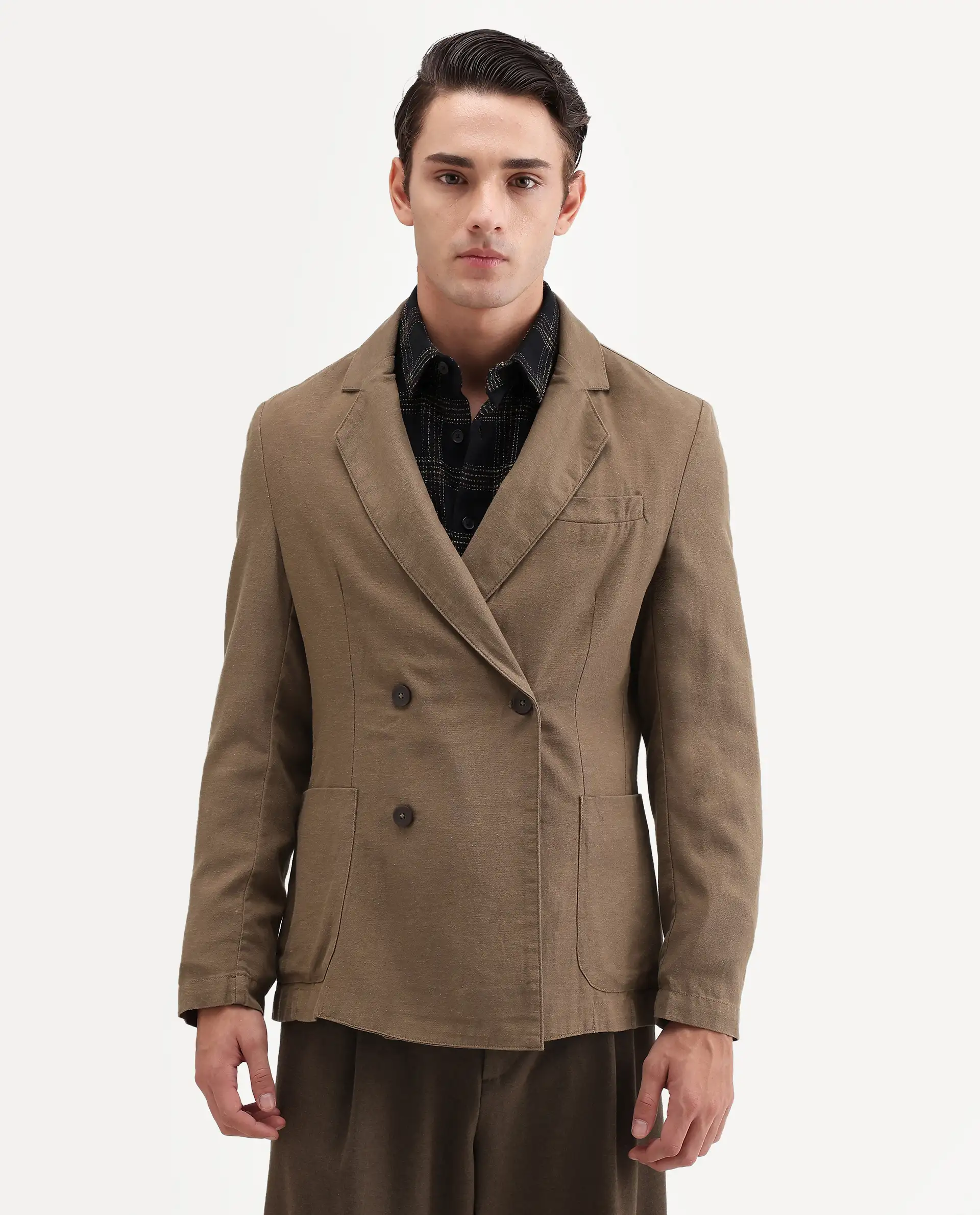 Rare Rabbit Men's Deb Khaki Linen Blend Fabric Lapel Neck Tailored Fit Plain Blazer - Image 4