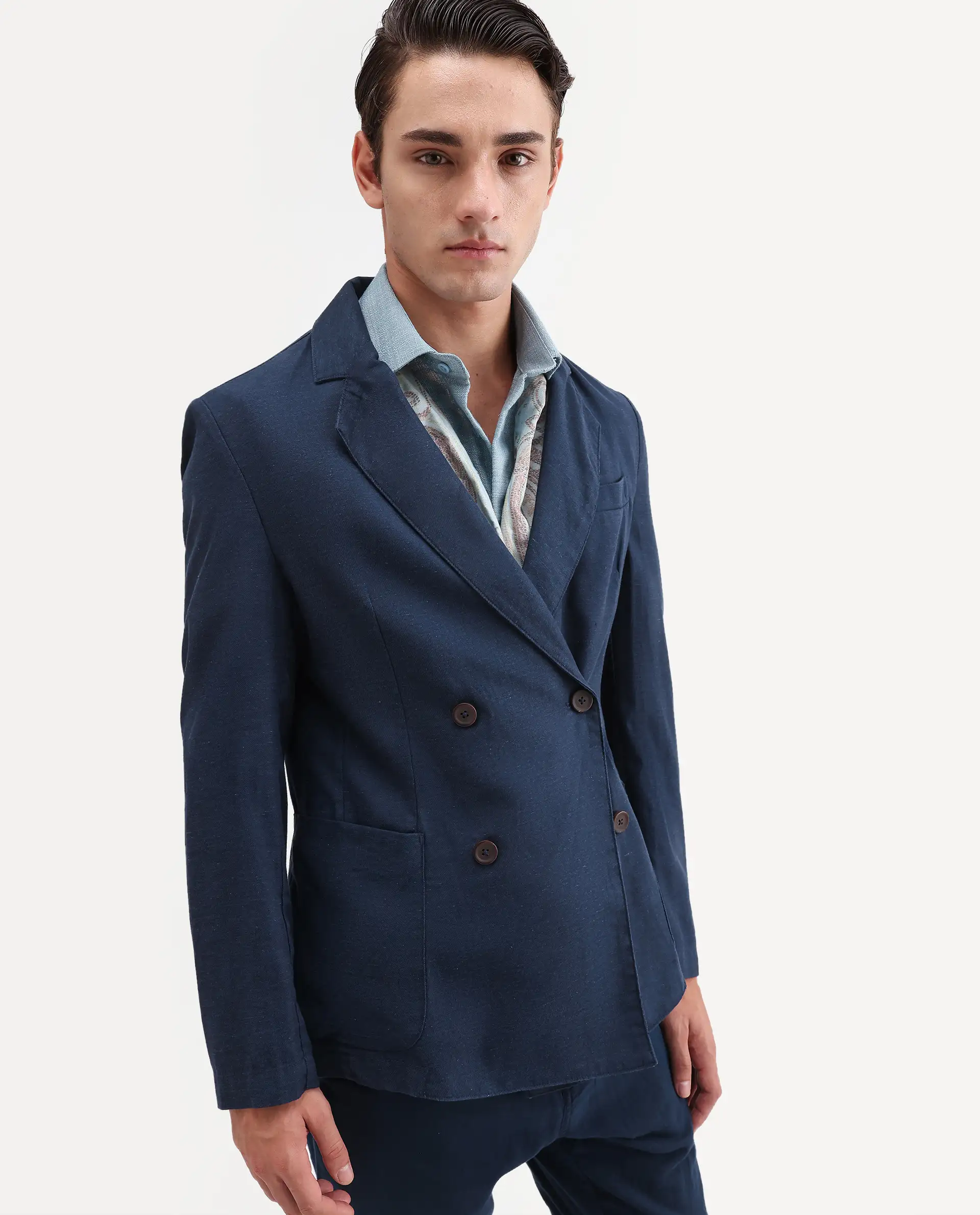 Rare Rabbit Men's Deb Navy Linen Blend Fabric Lapel Neck Tailored Fit Plain Blazer