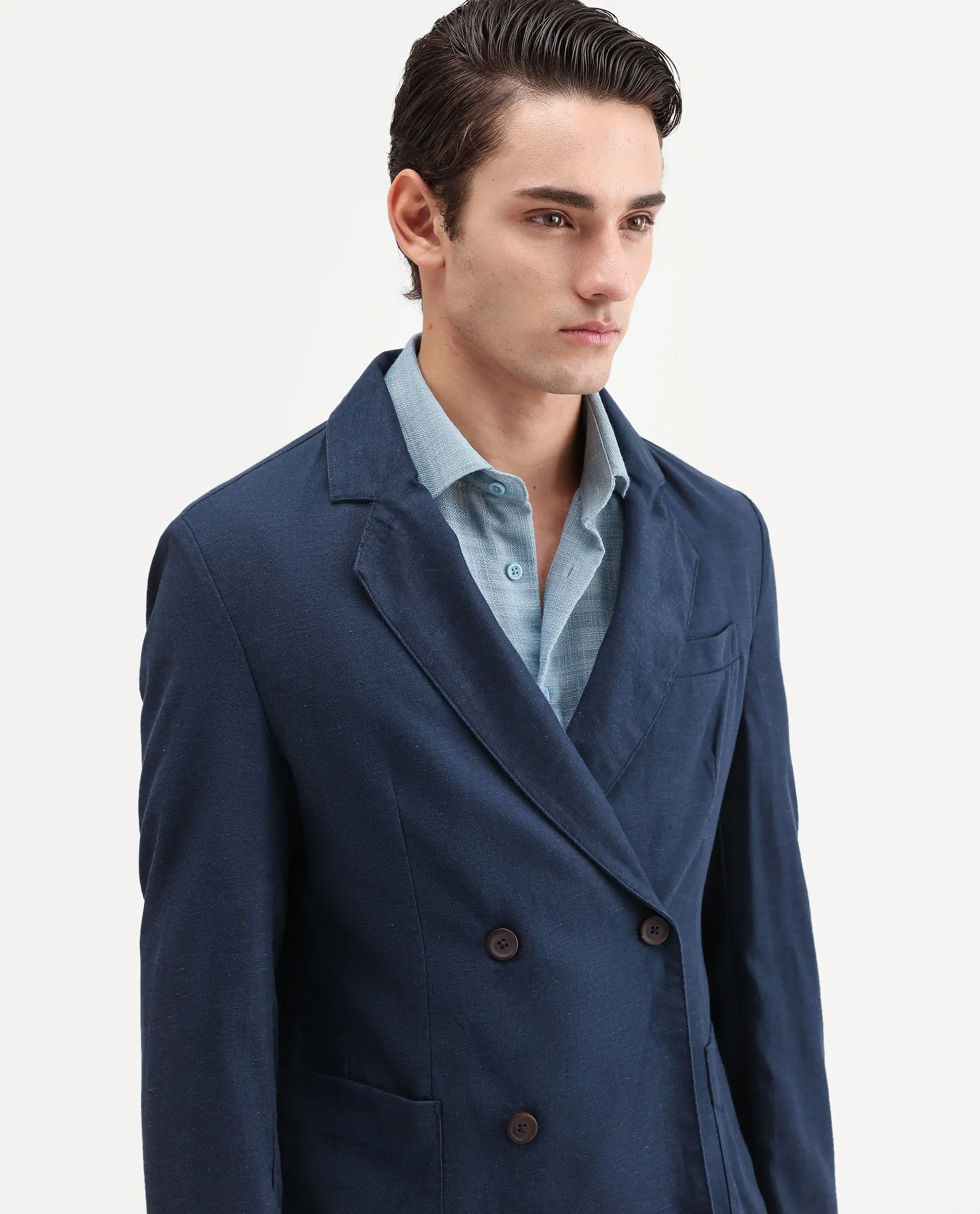 Rare Rabbit Men's Deb Navy Linen Blend Fabric Lapel Neck Tailored Fit Plain Blazer - Image 3