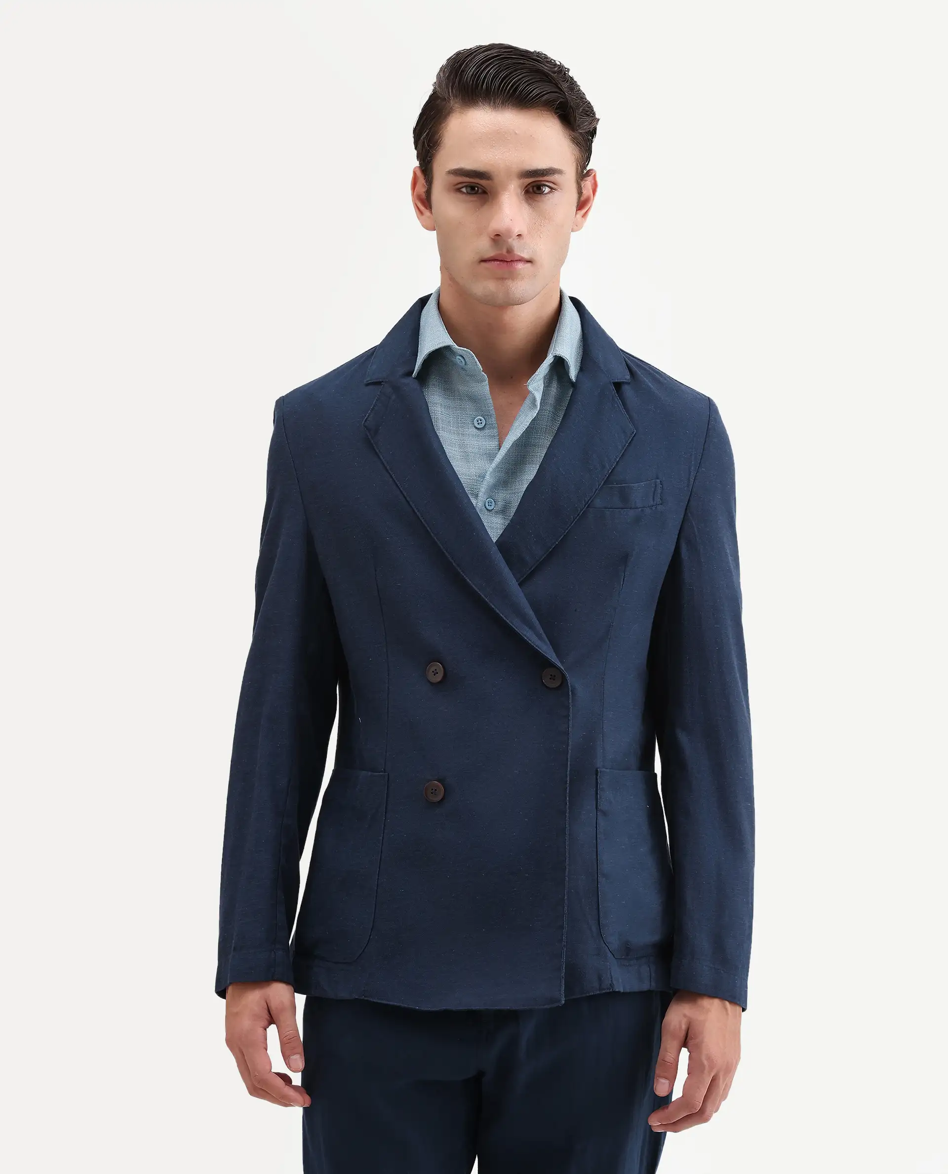 Rare Rabbit Men's Deb Navy Linen Blend Fabric Lapel Neck Tailored Fit Plain Blazer - Image 4