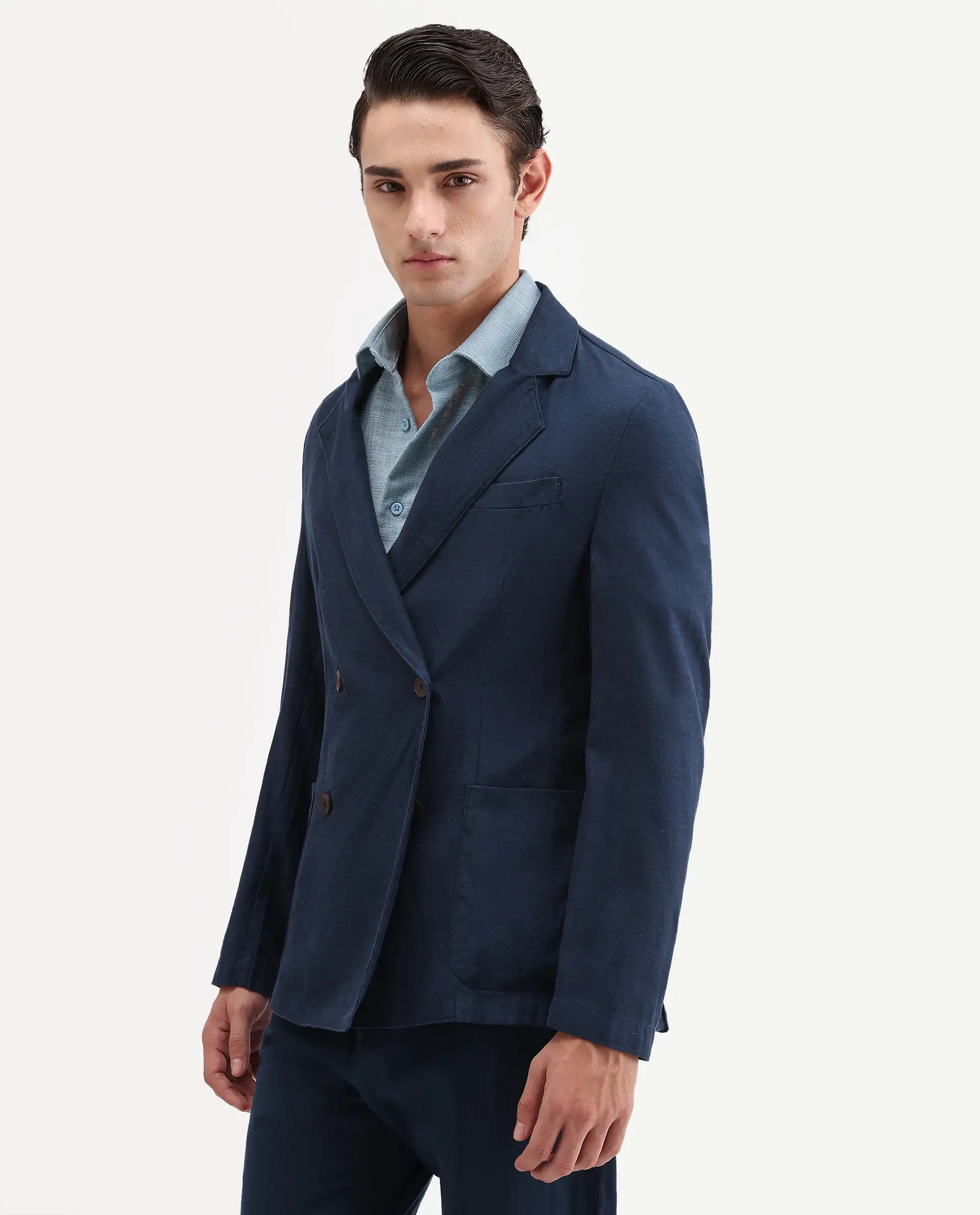 Rare Rabbit Men's Deb Navy Linen Blend Fabric Lapel Neck Tailored Fit Plain Blazer - Image 5