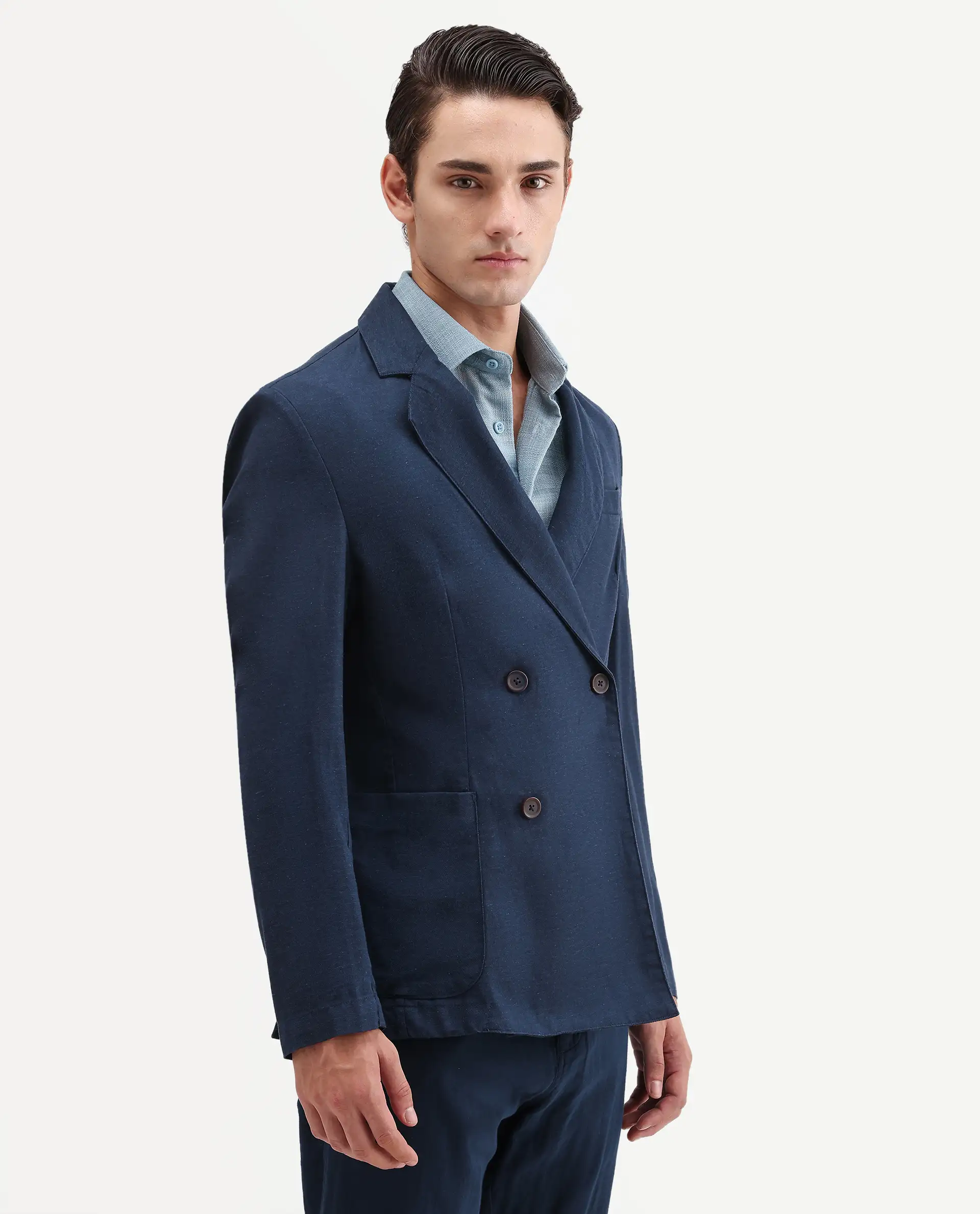 Rare Rabbit Men's Deb Navy Linen Blend Fabric Lapel Neck Tailored Fit Plain Blazer - Image 6