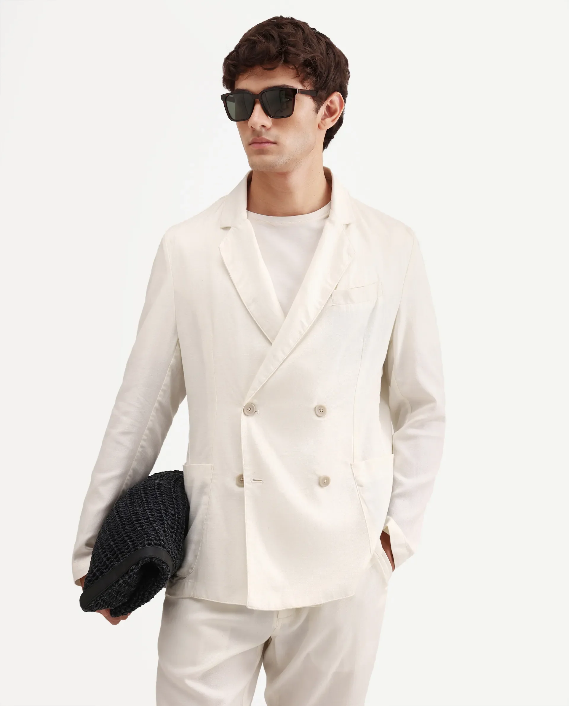 Rare Rabbit Men's Deb Off White Linen Blend Fabric Lapel Neck Tailored Fit Plain Blazer